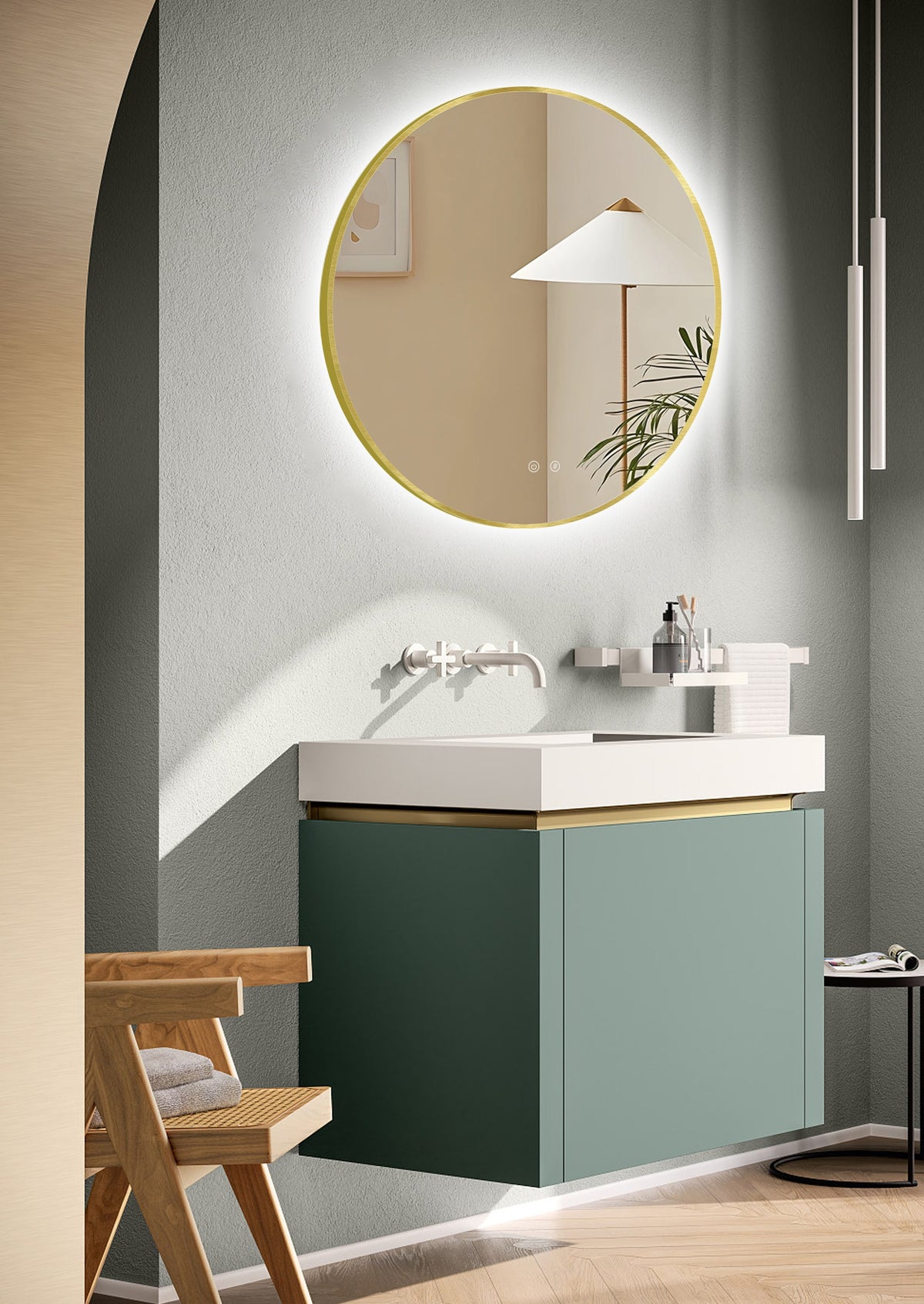 Cermin kamar mandi LED ARES Gold melengkung dengan anti-kabut