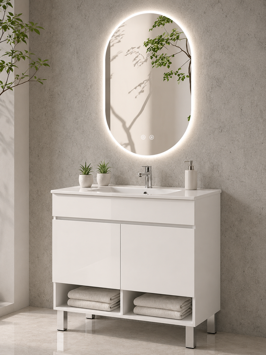 Kabinet kamar mandi berkaki Nebari dengan pintu dan wastafel