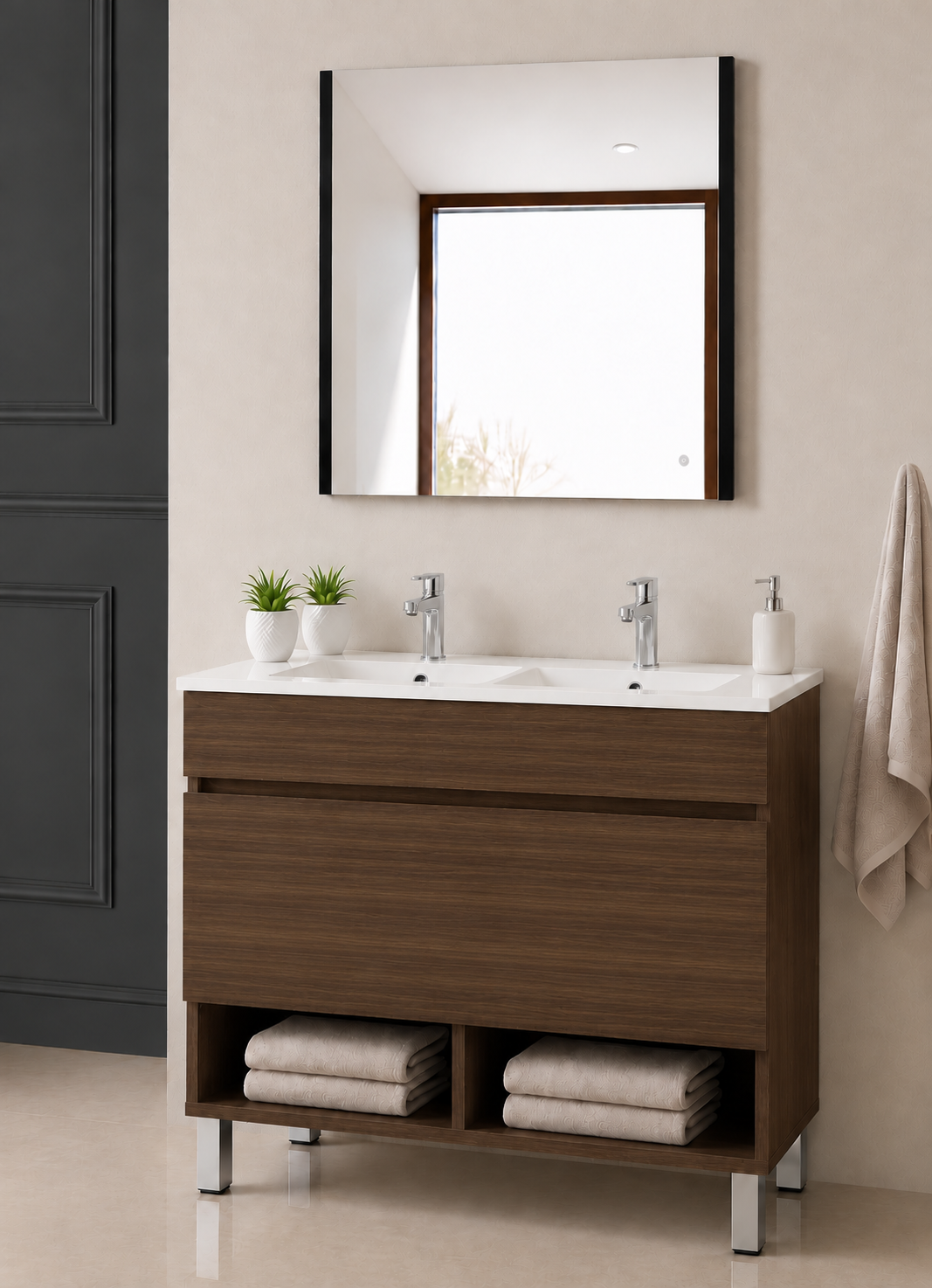 Kabinet kamar mandi berkaki Nebari, dengan laci, rak, dan wastafel