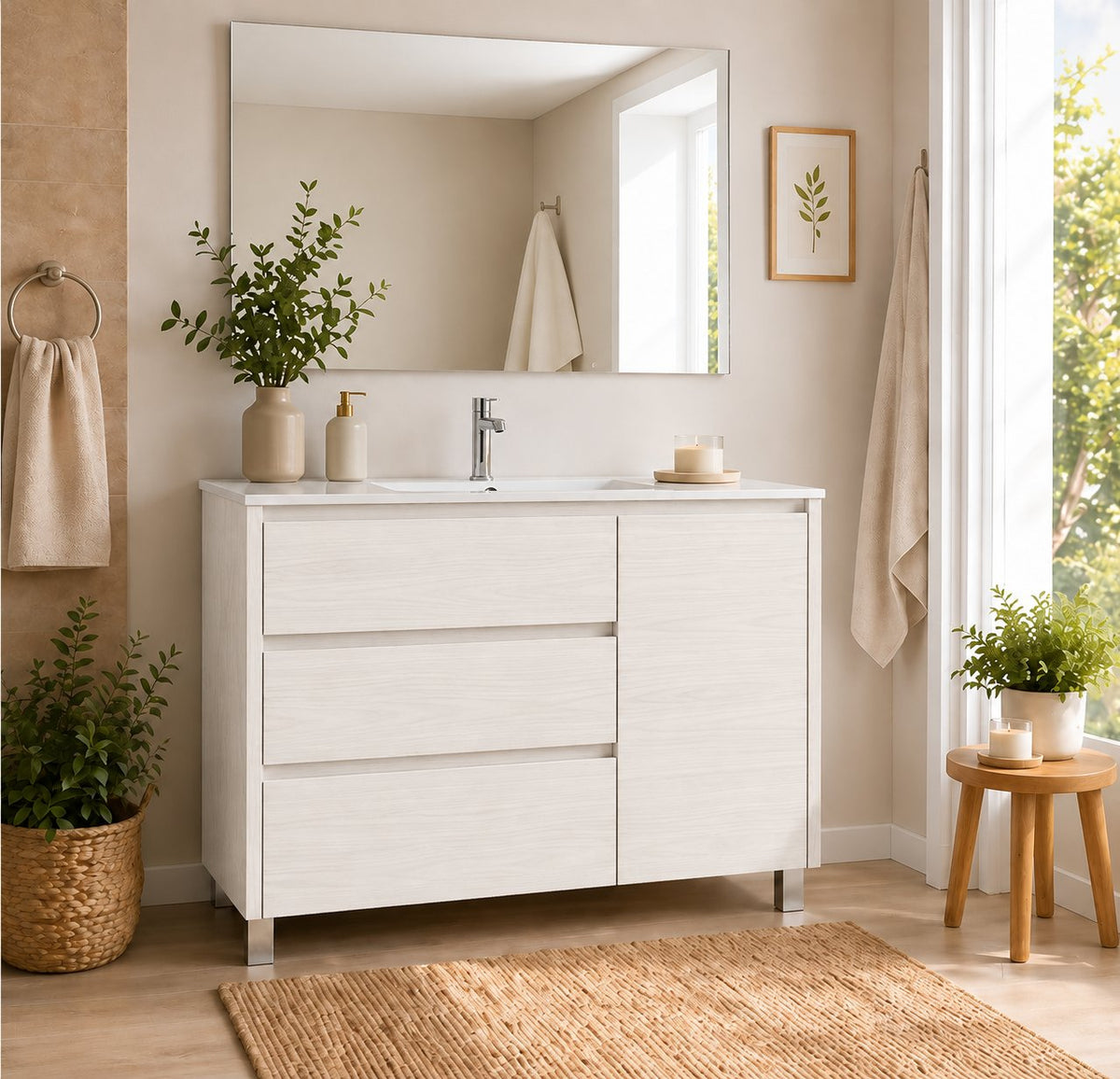 Kabinet kamar mandi Volum dengan wastafel, 3 laci, dan pintu