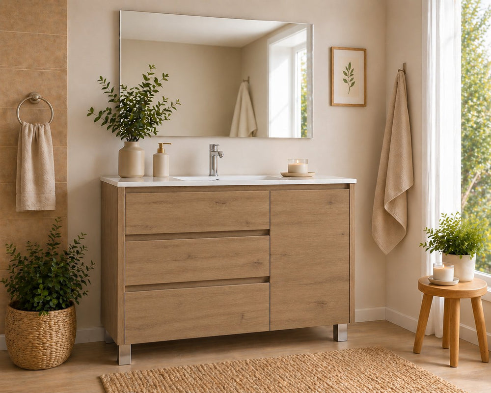 Kabinet kamar mandi Volum dengan wastafel, 3 laci, dan pintu