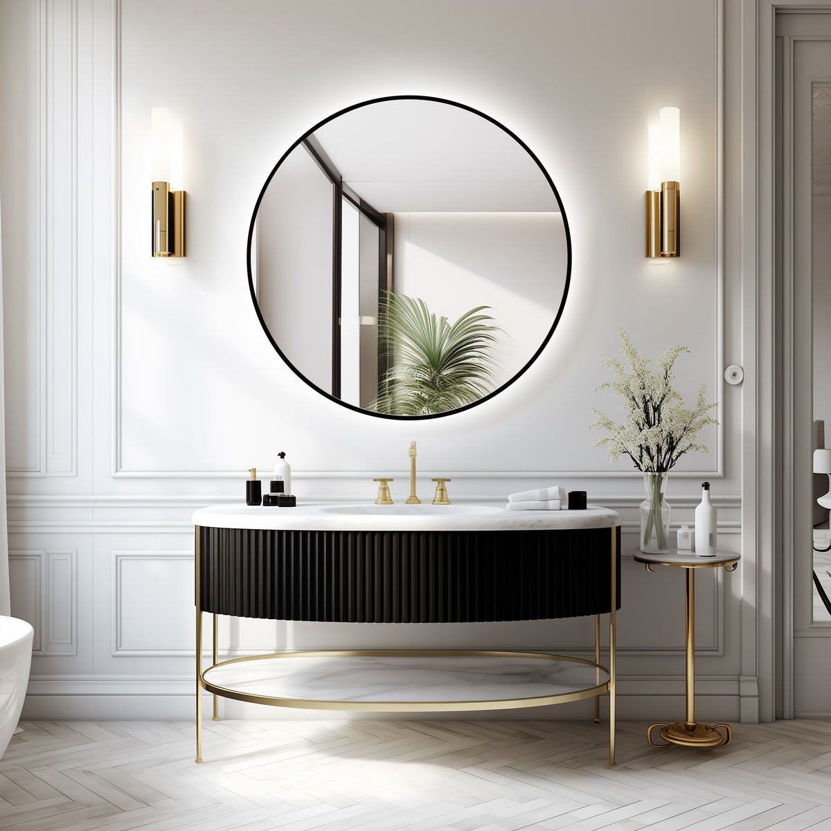Cermin kamar mandi LED ARES Black lengkung dengan anti-kabut