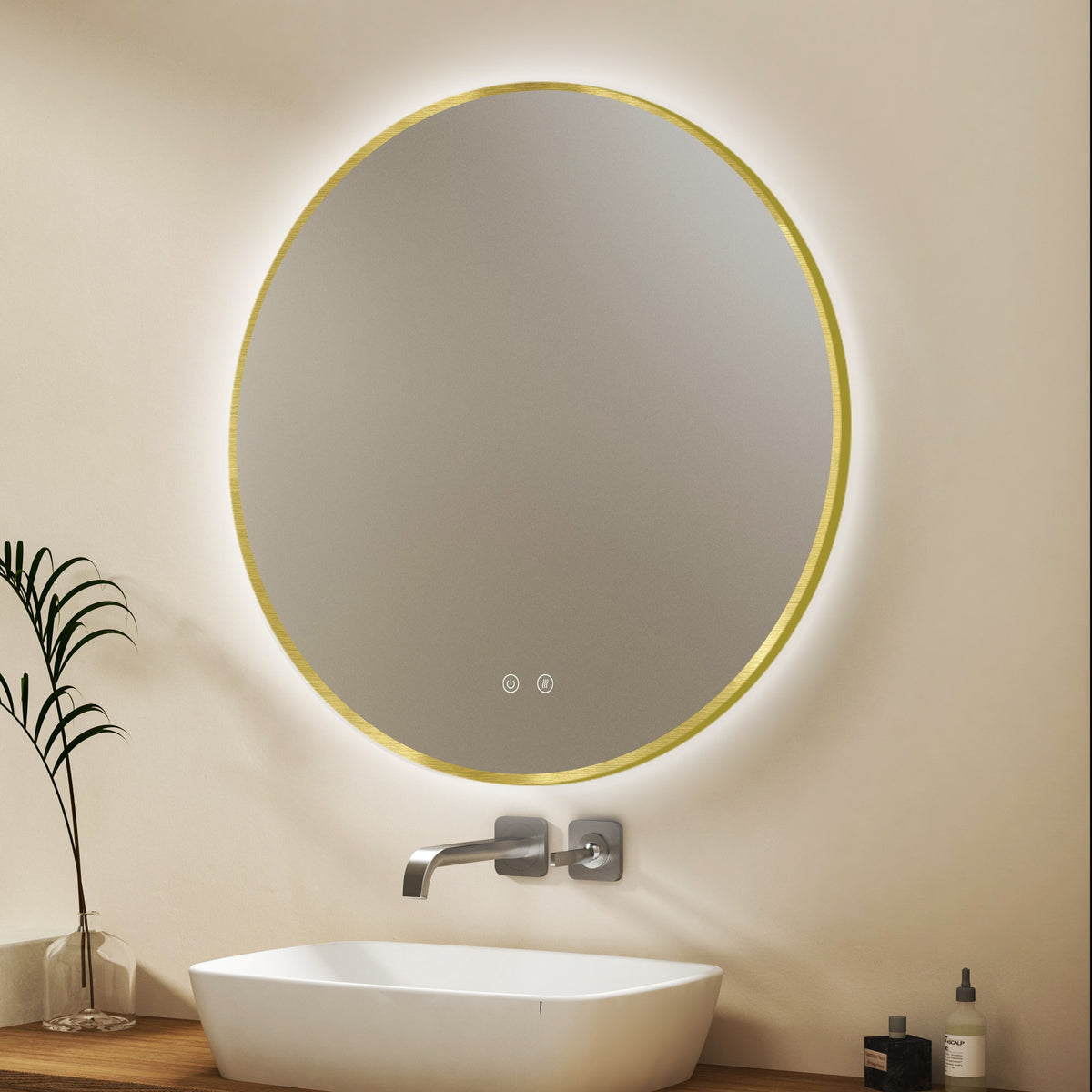 Cermin kamar mandi LED ARES Gold melengkung dengan anti-kabut