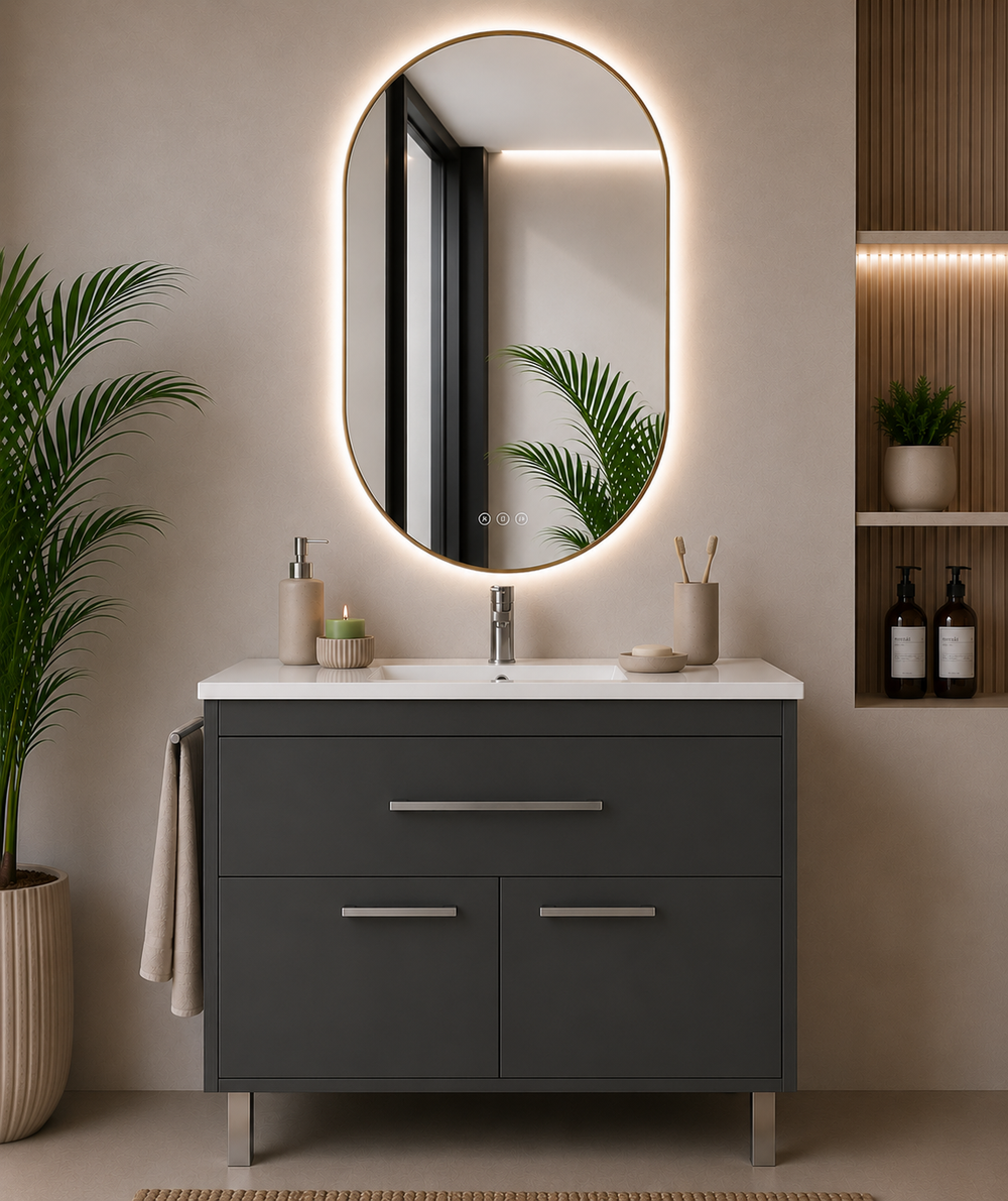 Kabinet kamar mandi Bahía dengan wastafel, laci, dan 2 pintu · Grafit