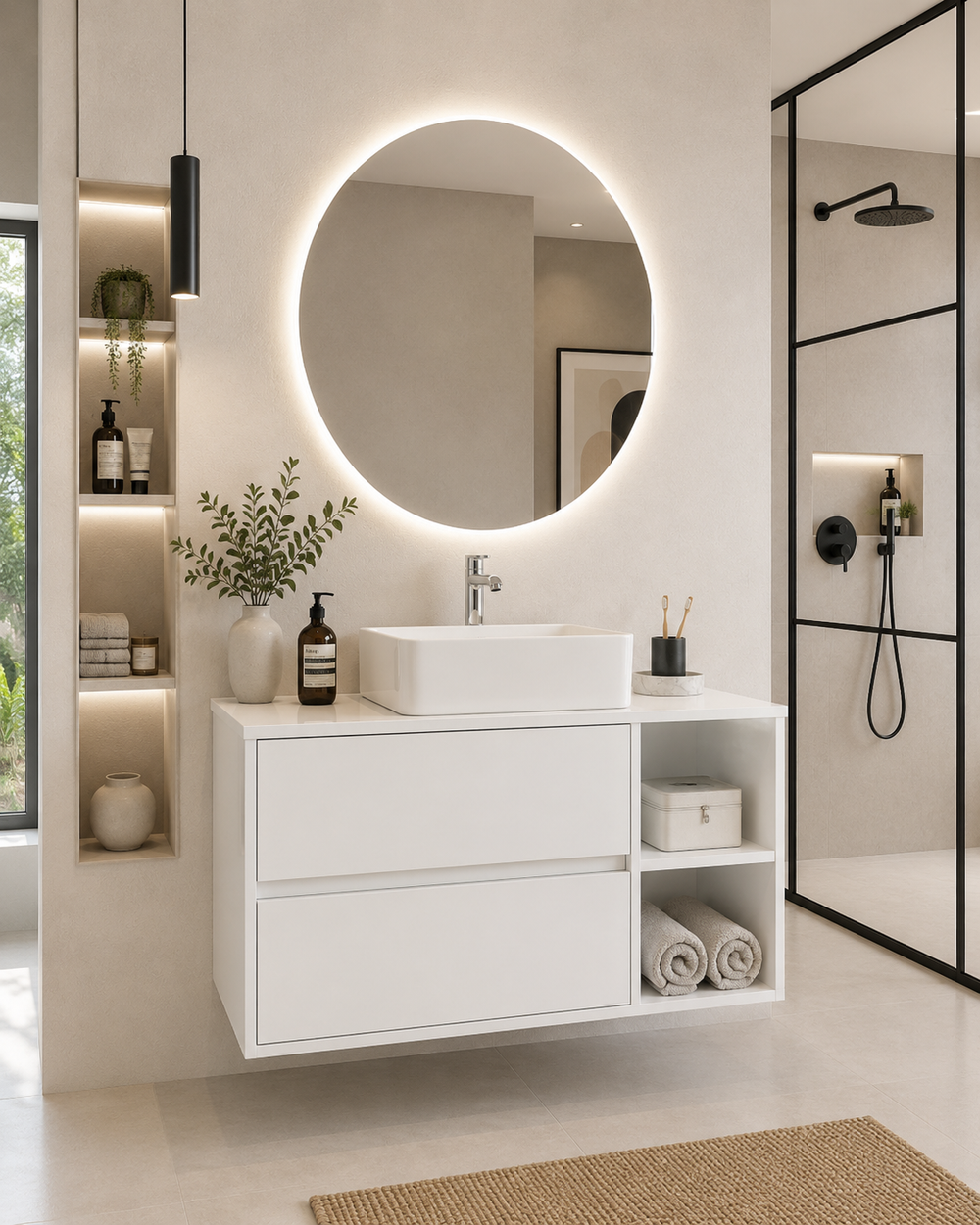 Kabinet kamar mandi Zeus dengan meja dan wastafel duduk · Putih kilap