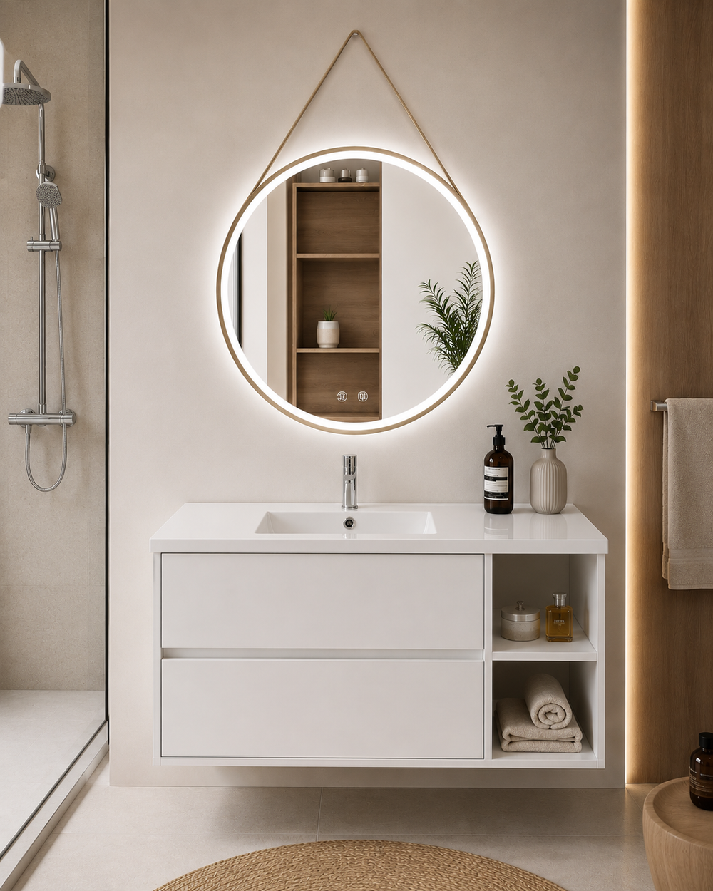 Kabinet kamar mandi Zeus dengan wastafel, 2 laci, dan rak · Putih kilap