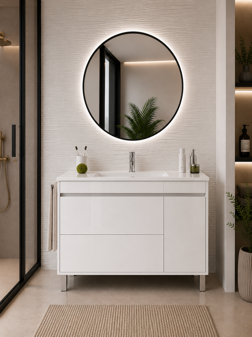 Kabinet kamar mandi Caprera dengan wastafel, 2 laci, dan pintu · Putih kilap