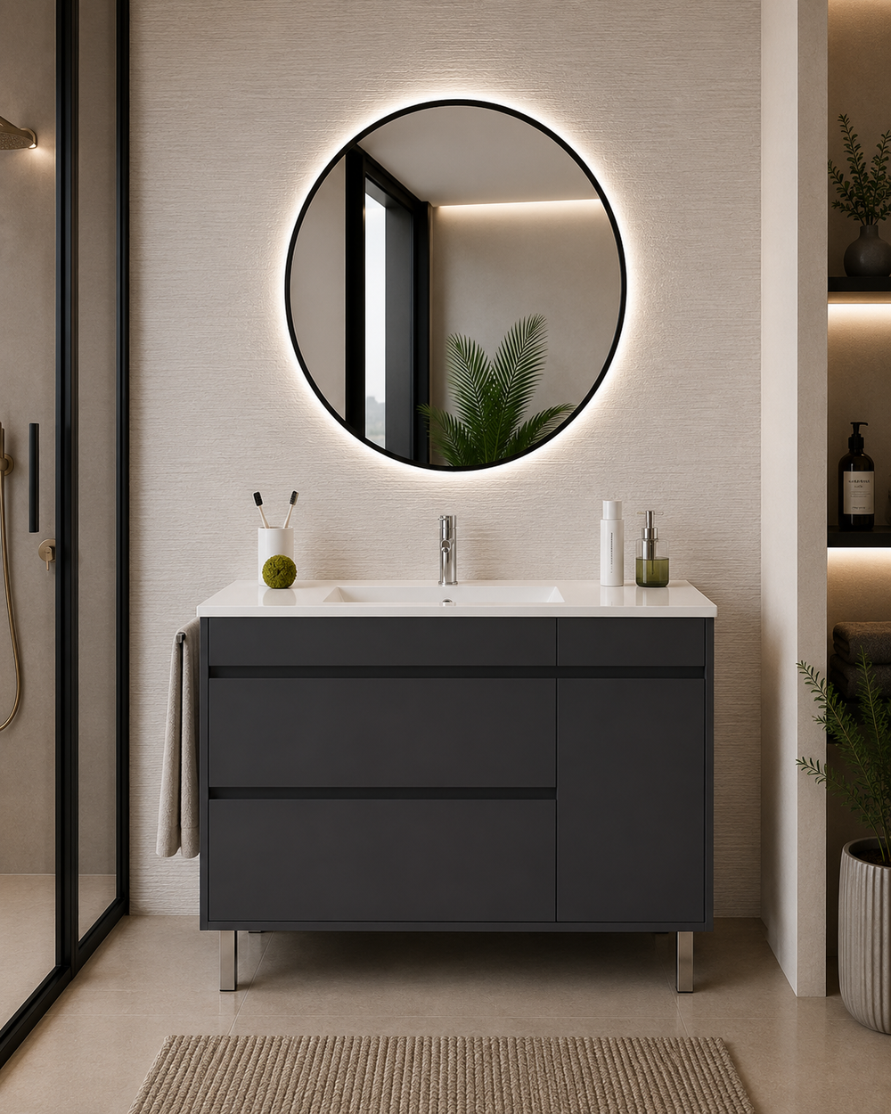 Kabinet kamar mandi Caprera dengan wastafel, 2 laci, dan pintu · Grafit