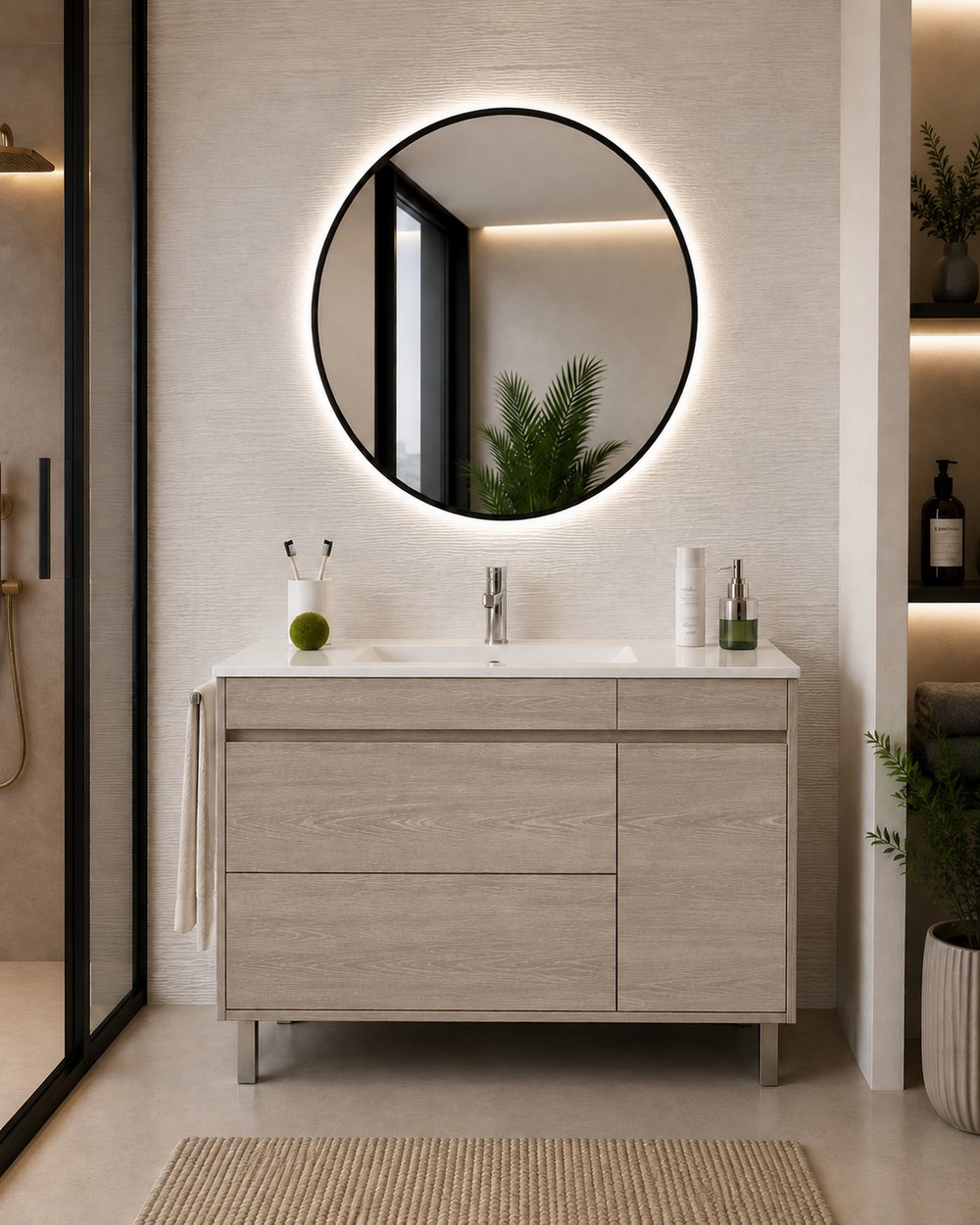 Kabinet kamar mandi Caprera dengan wastafel, 2 laci, dan pintu · Ek Asap