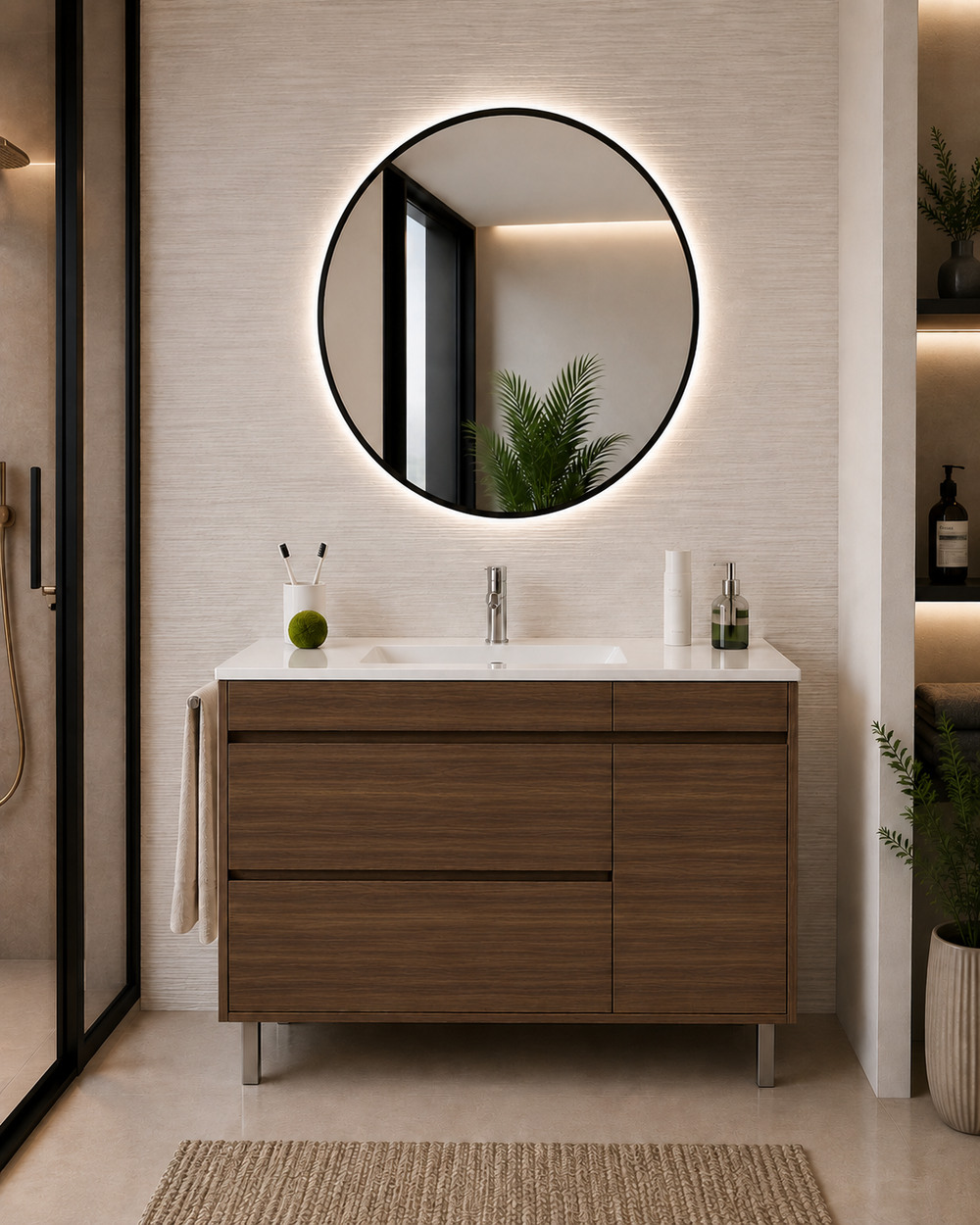 Kabinet kamar mandi Caprera dengan wastafel, 2 laci, dan pintu · Teh Fresno