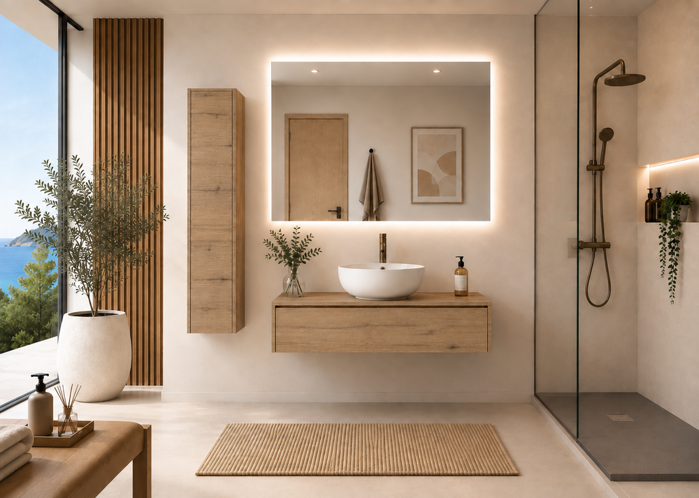 Kabinet kamar mandi FORMENTERA Estepa dengan wastafel di atas meja · Stepa