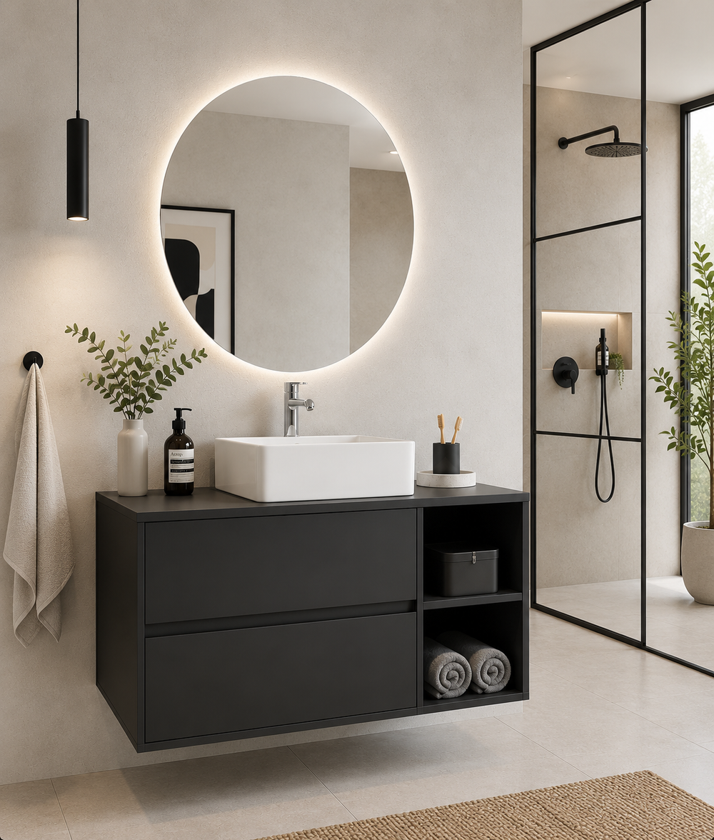 Kabinet kamar mandi Zeus dengan meja dan wastafel duduk · Grafit