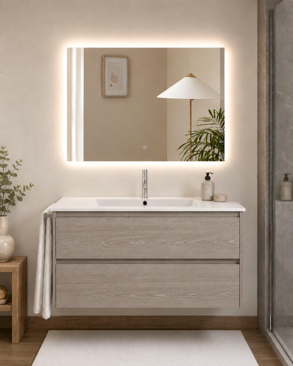 Kabinet kamar mandi gantung Ibiza dengan wastafel dan 2 laci · Ek Asap