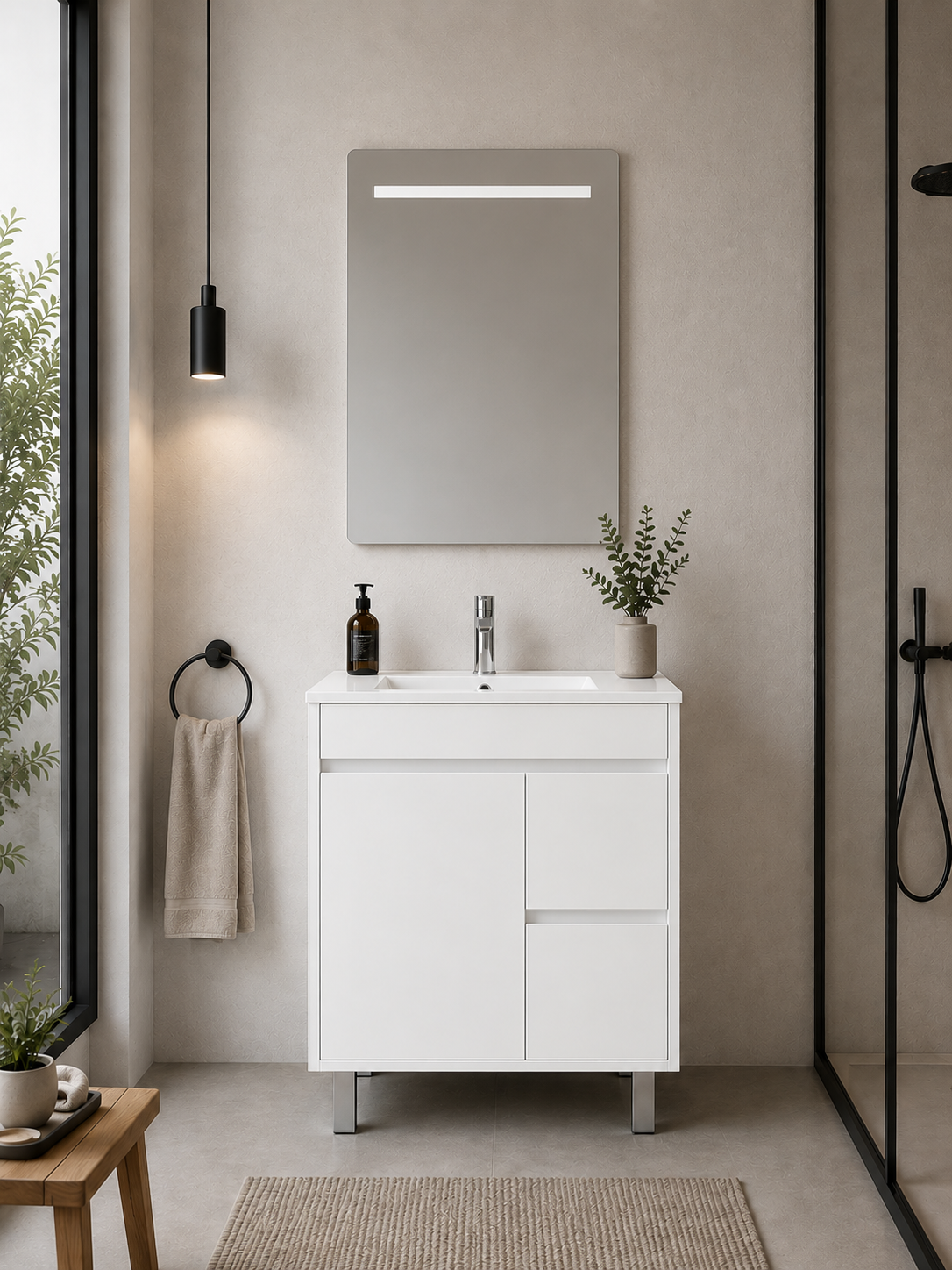 Kabinet kamar mandi berkaki Isquia, wastafel, pintu, dan laci