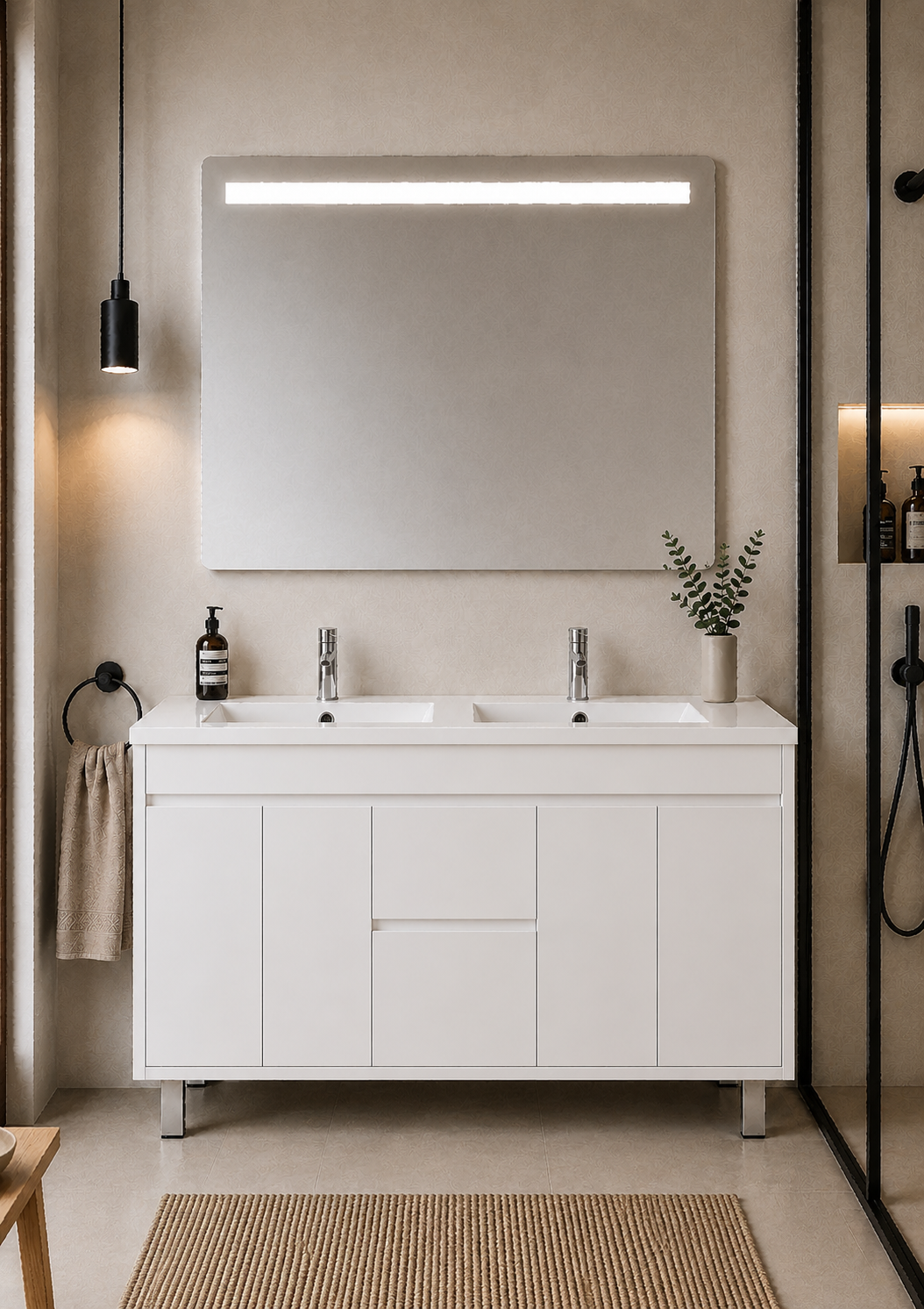 Kabinet kamar mandi berkaki Isquia, wastafel, pintu, dan laci