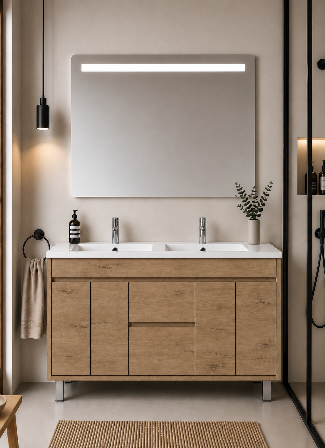Kabinet kamar mandi berkaki Isquia, wastafel, pintu, dan laci