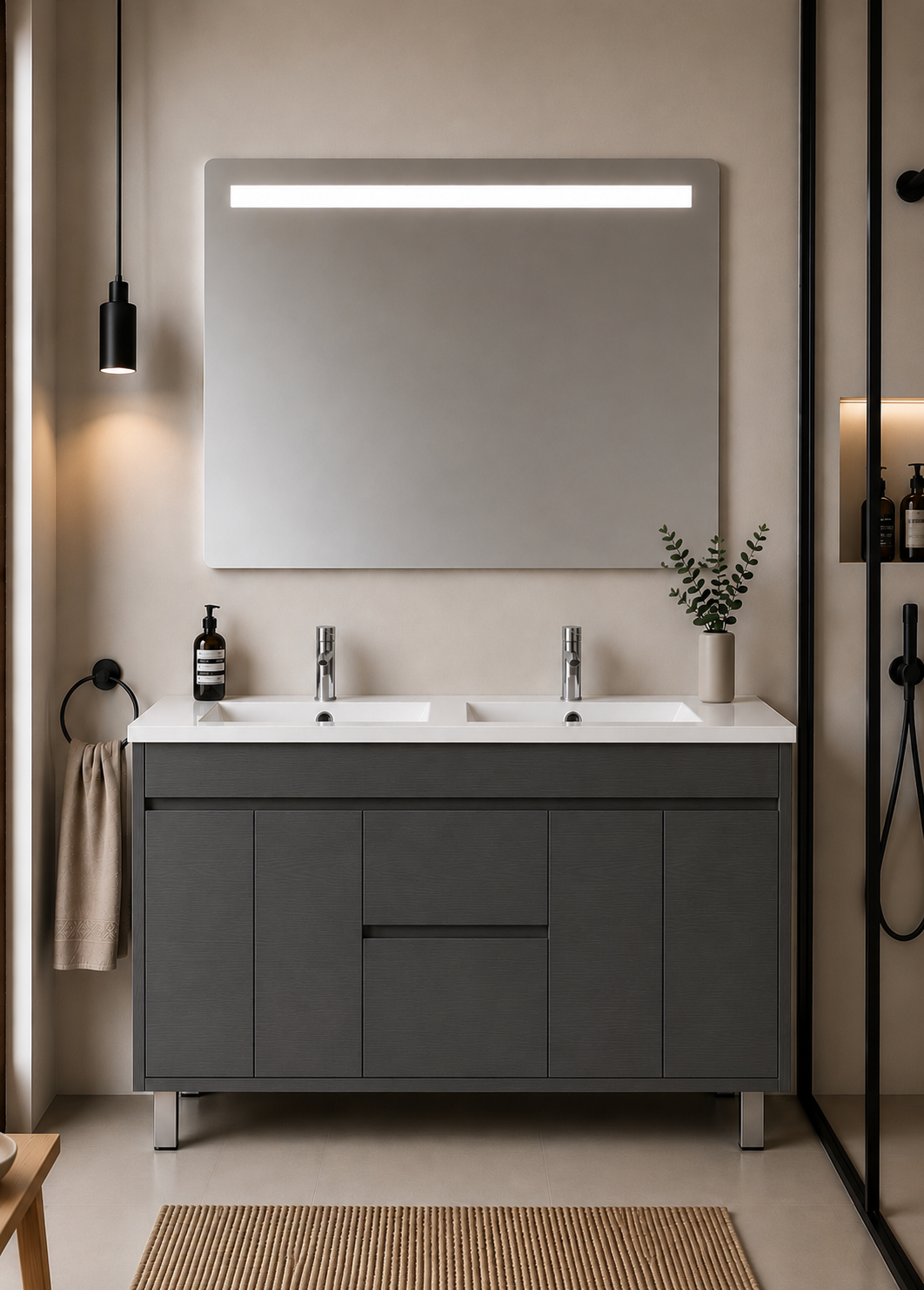 Kabinet kamar mandi berkaki Isquia, wastafel, pintu, dan laci