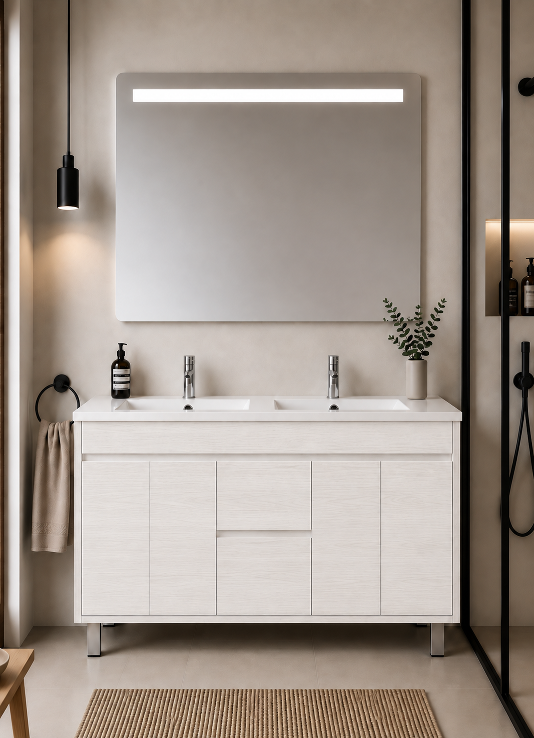 Kabinet kamar mandi berkaki Isquia, wastafel, pintu, dan laci