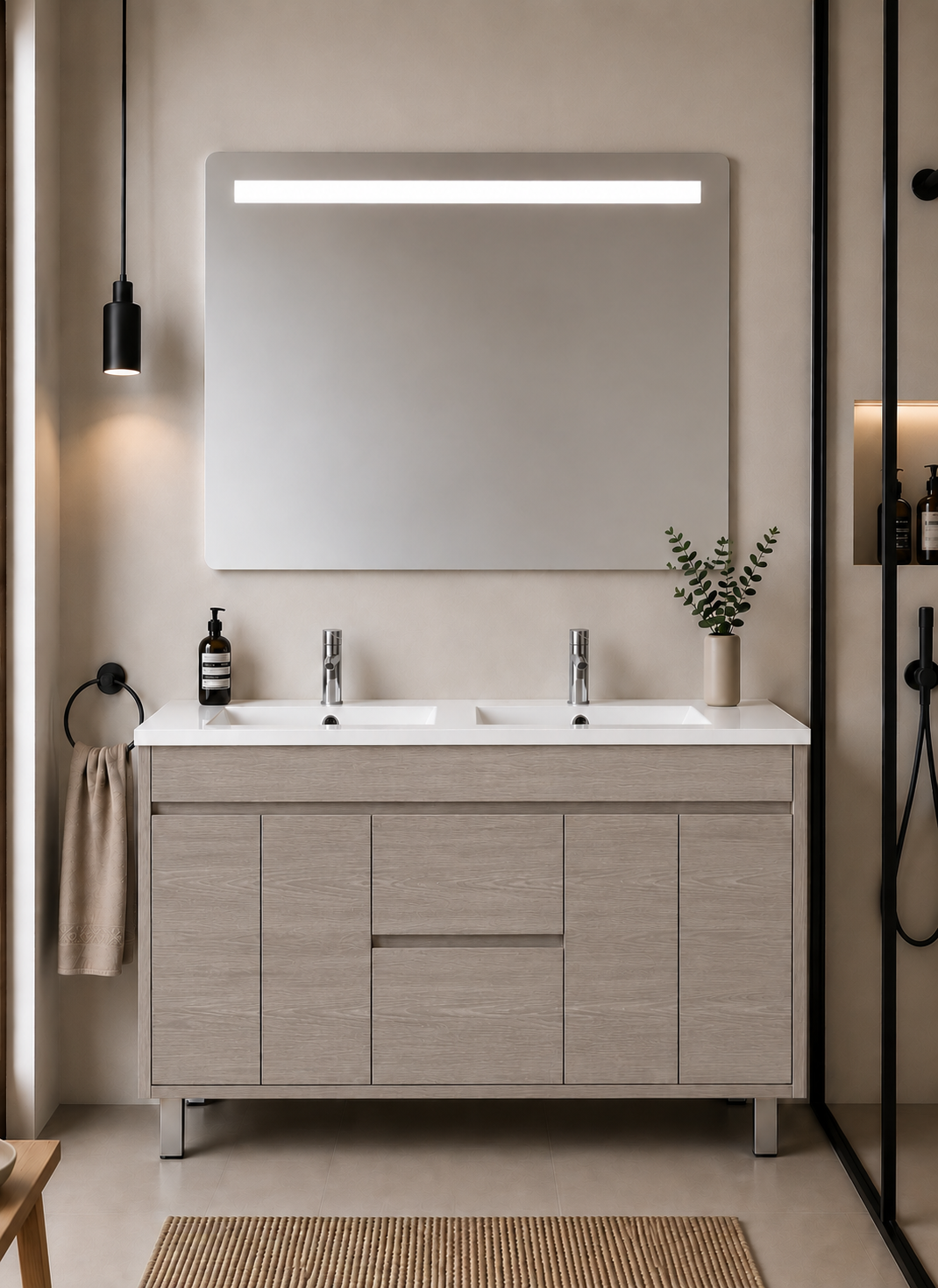 Kabinet kamar mandi berkaki Isquia, wastafel, pintu, dan laci