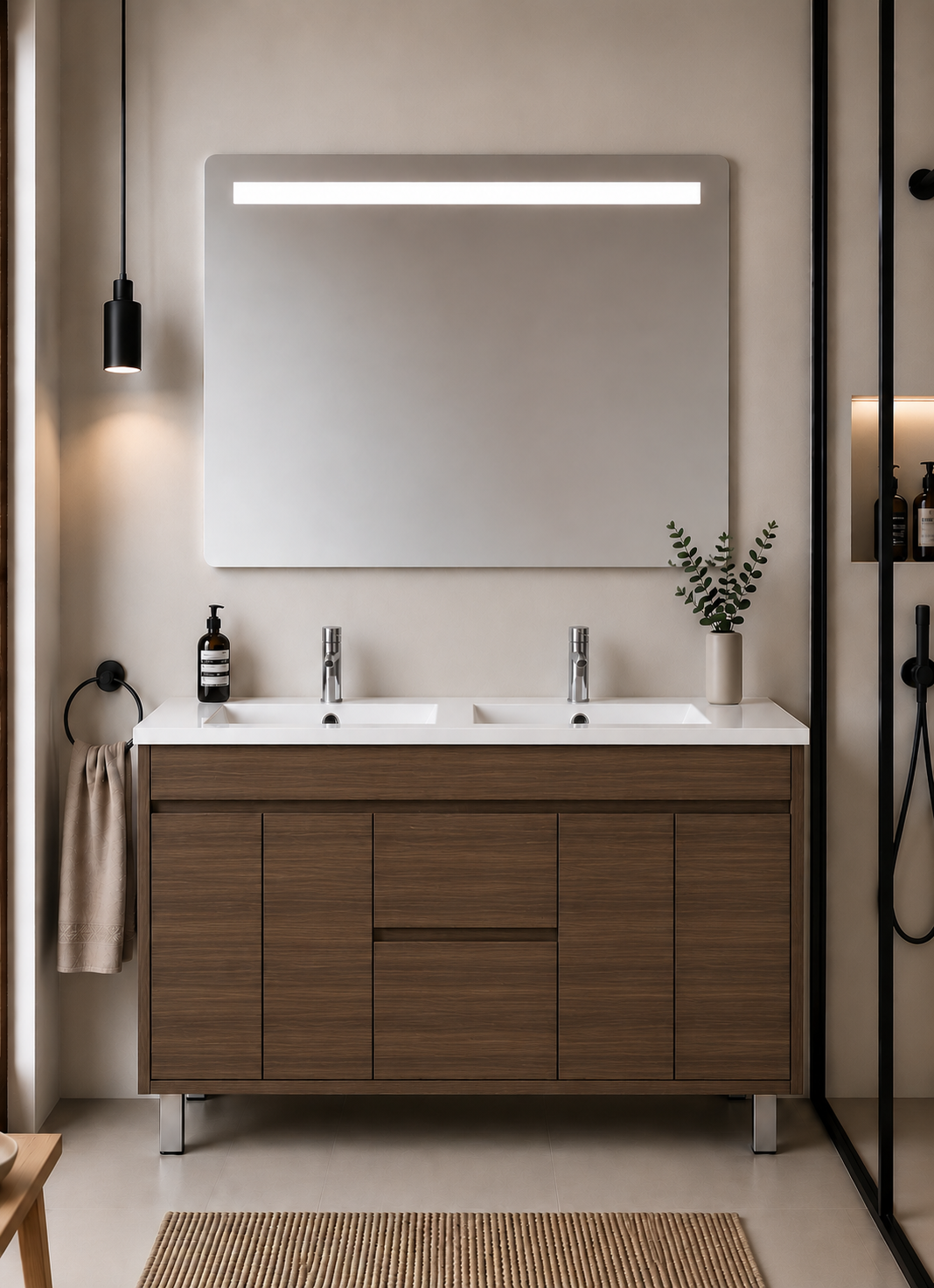 Kabinet kamar mandi berkaki Isquia, wastafel, pintu, dan laci