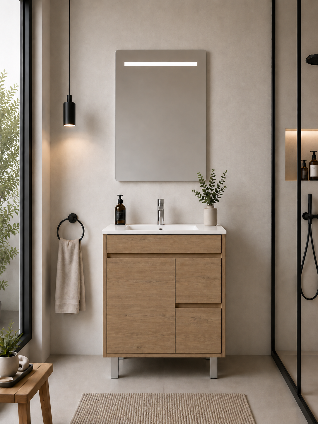 Kabinet kamar mandi berkaki Isquia, wastafel, pintu, dan laci