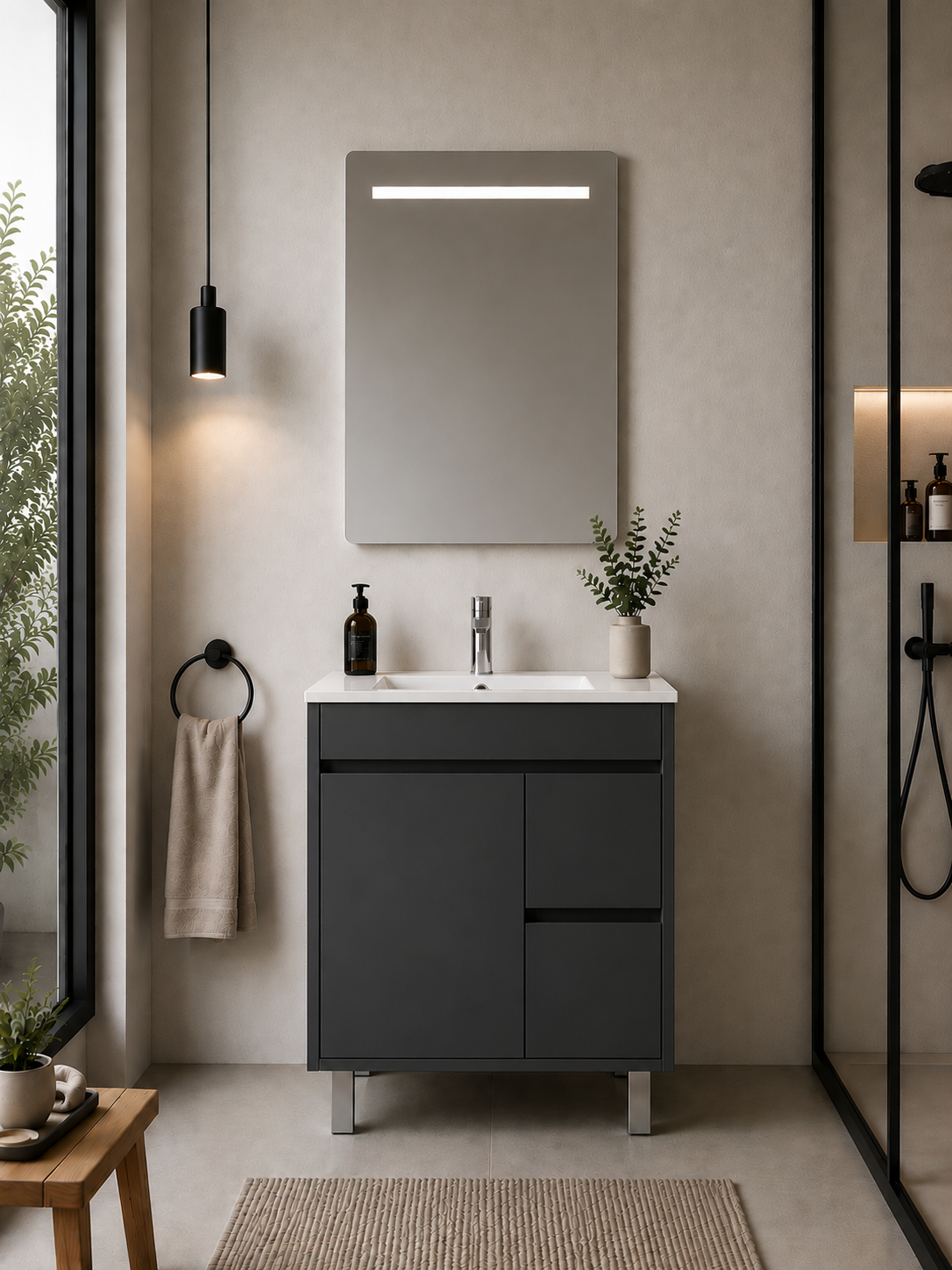 Kabinet kamar mandi berkaki Isquia, wastafel, pintu, dan laci