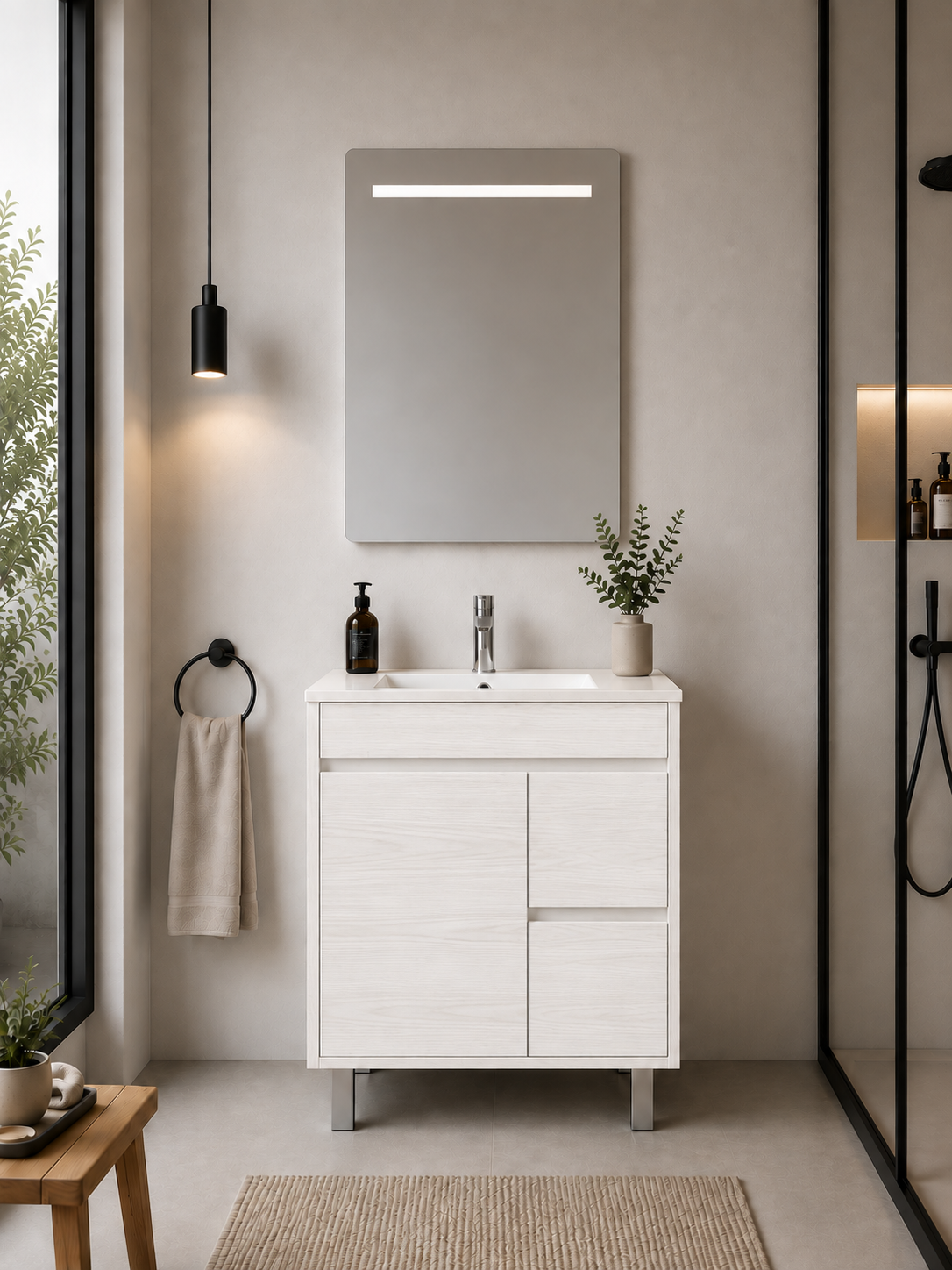 Kabinet kamar mandi berkaki Isquia, wastafel, pintu, dan laci