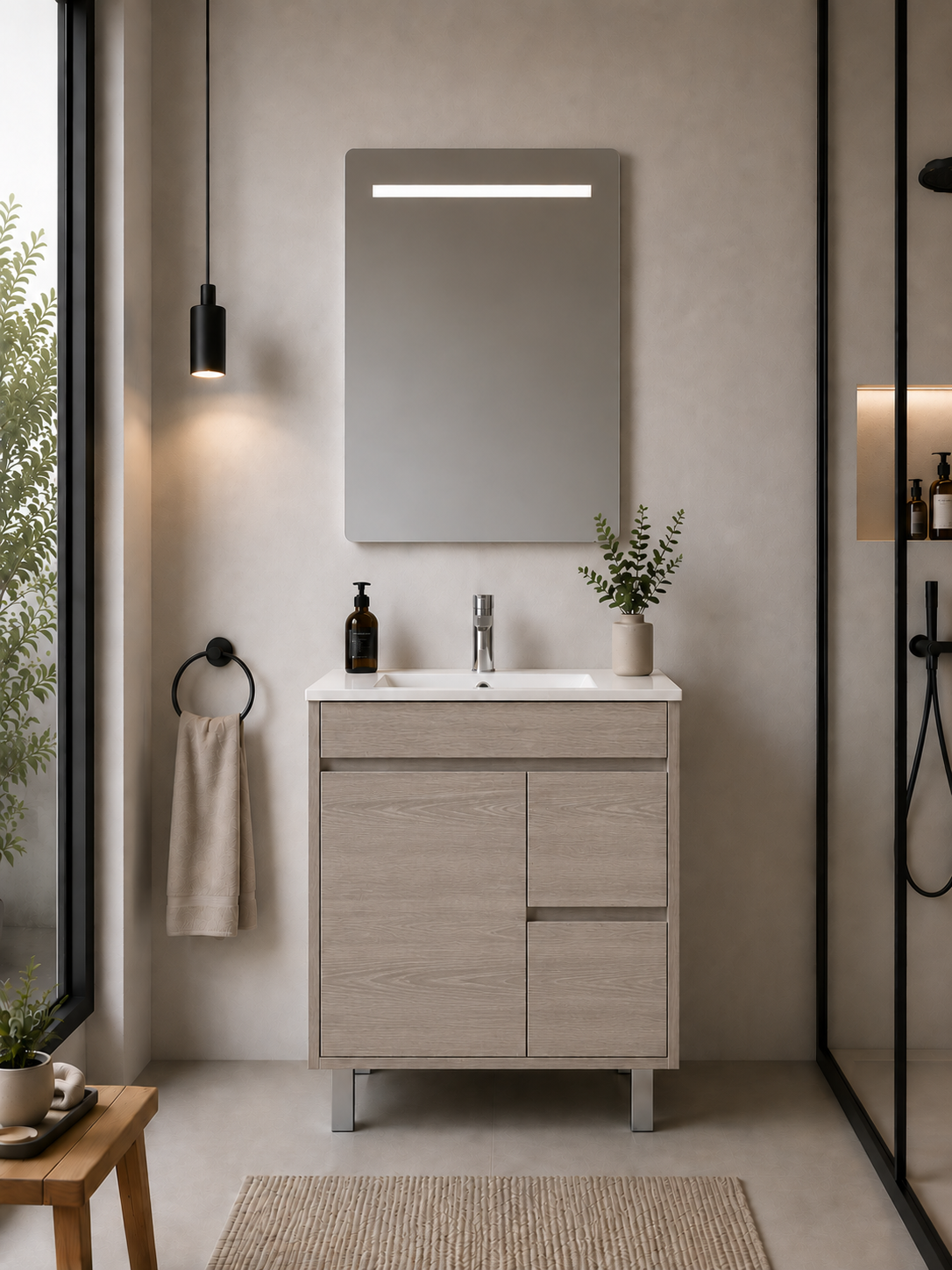 Kabinet kamar mandi berkaki Isquia, wastafel, pintu, dan laci