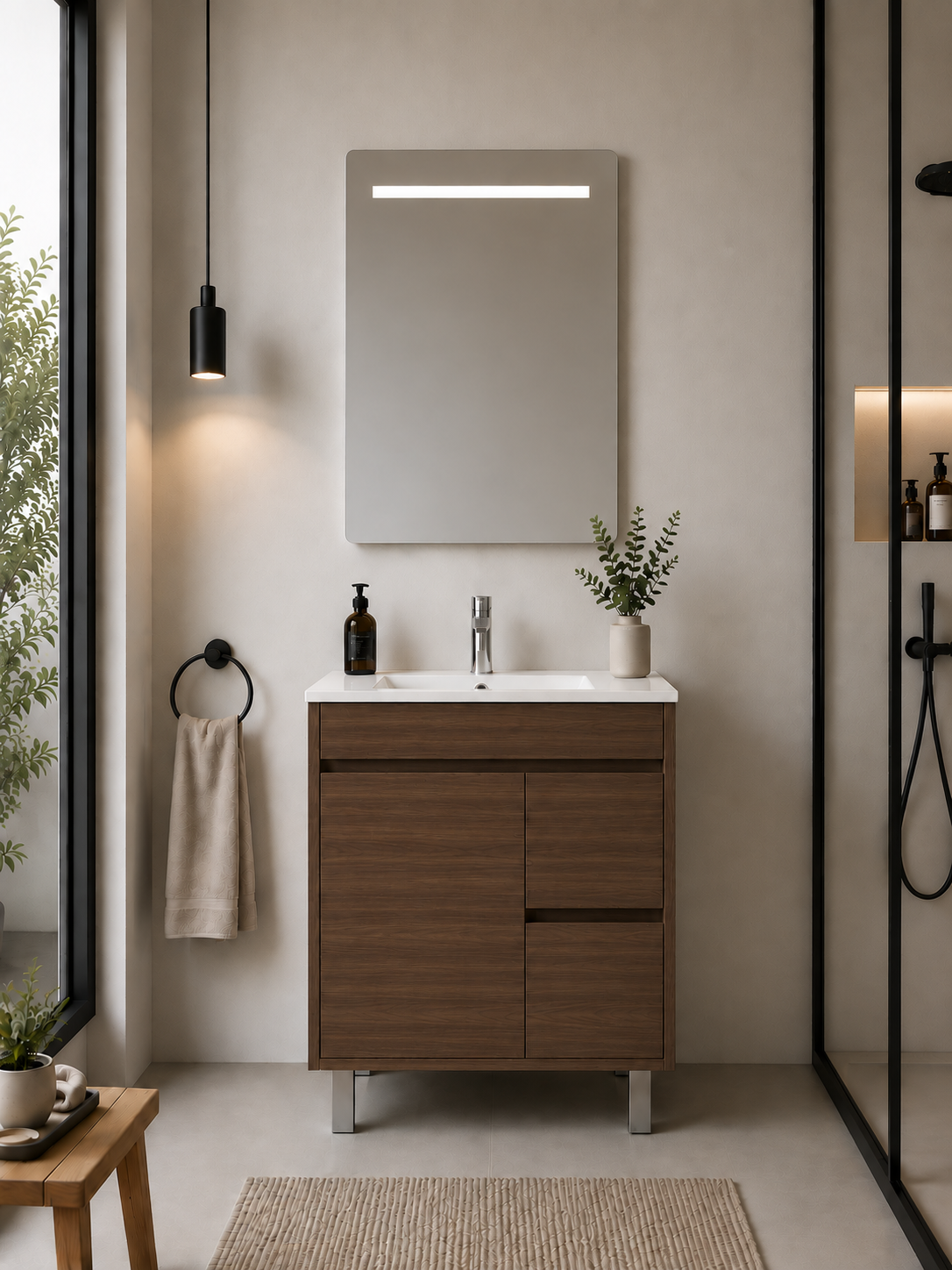 Kabinet kamar mandi berkaki Isquia, wastafel, pintu, dan laci