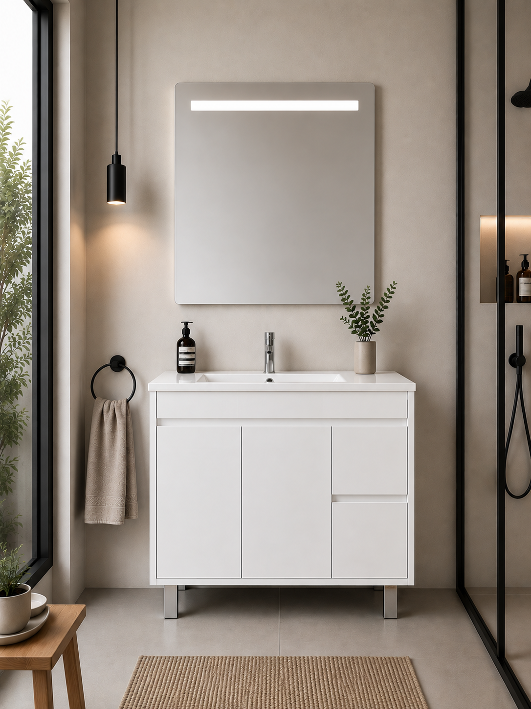 Kabinet kamar mandi berkaki Isquia, wastafel, pintu, dan laci