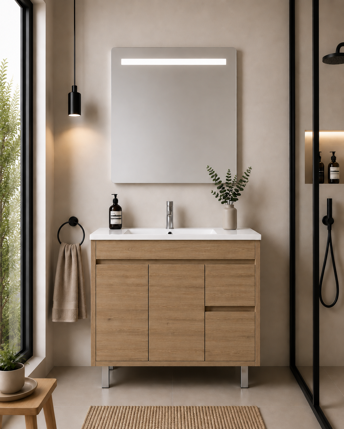 Kabinet kamar mandi berkaki Isquia, wastafel, pintu, dan laci