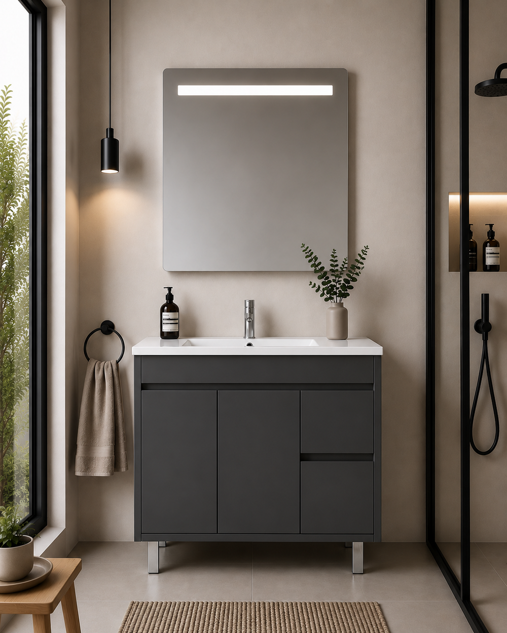 Kabinet kamar mandi berkaki Isquia, wastafel, pintu, dan laci · Grafit