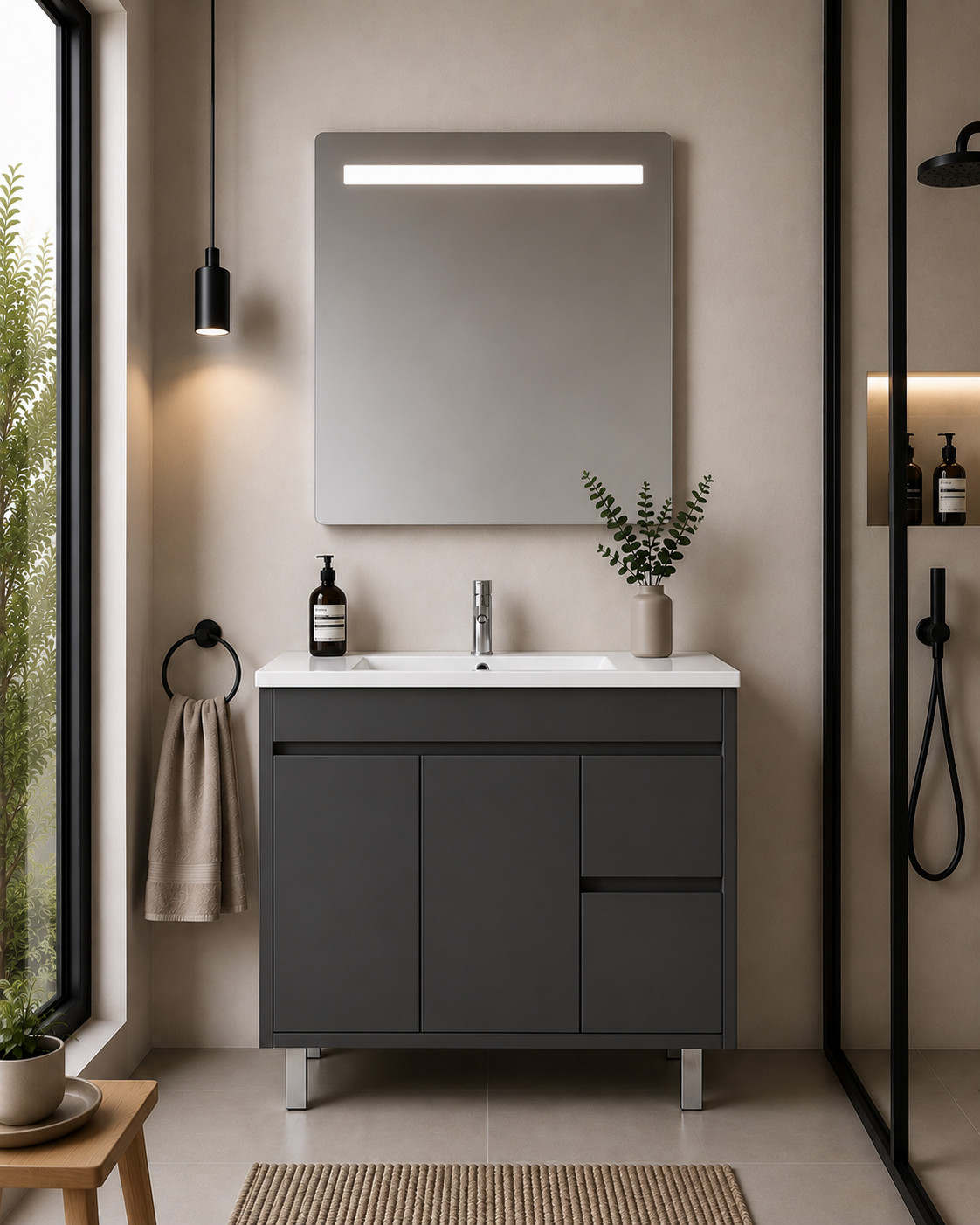 Kabinet kamar mandi berkaki Isquia, wastafel, pintu, dan laci
