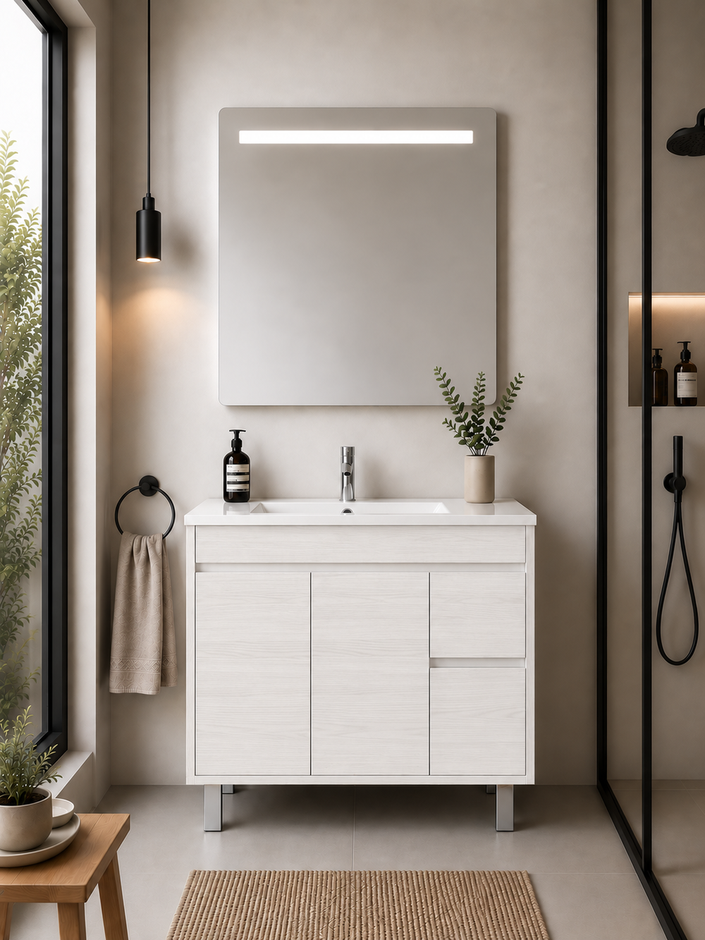 Kabinet kamar mandi berkaki Isquia, wastafel, pintu, dan laci · Putih Nordik