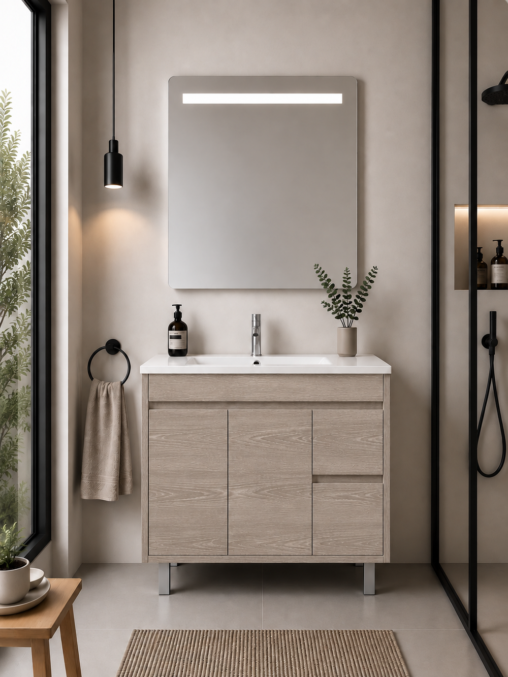 Kabinet kamar mandi berkaki Isquia, wastafel, pintu, dan laci · Ek Asap