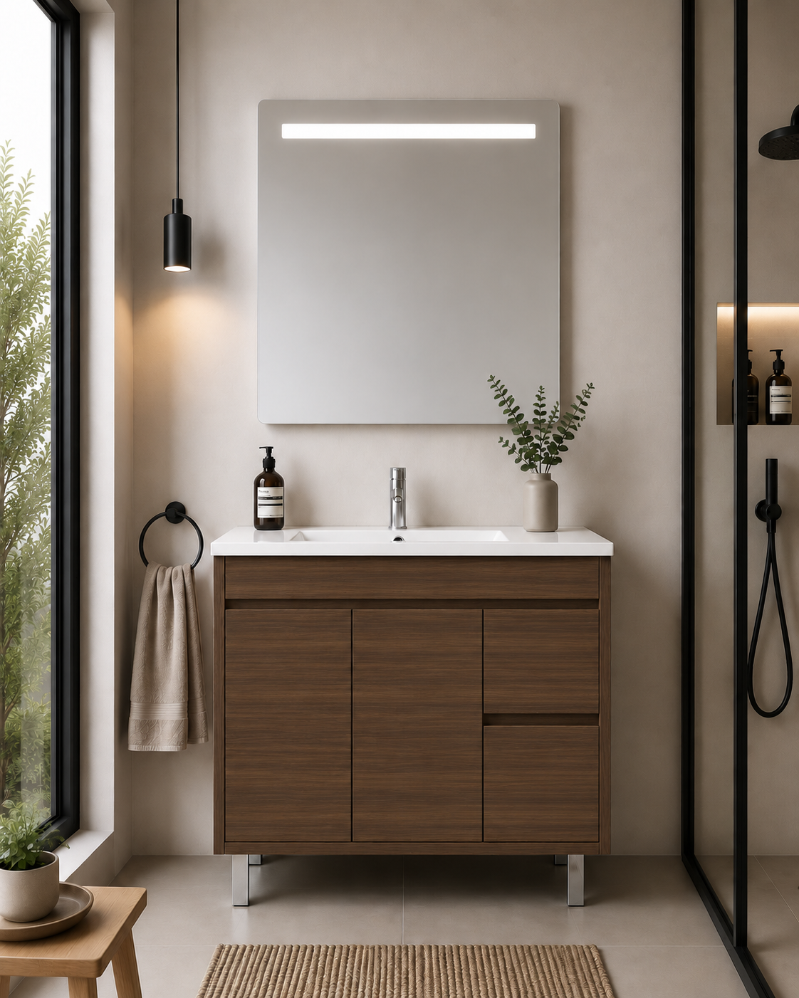 Kabinet kamar mandi berkaki Isquia, wastafel, pintu, dan laci