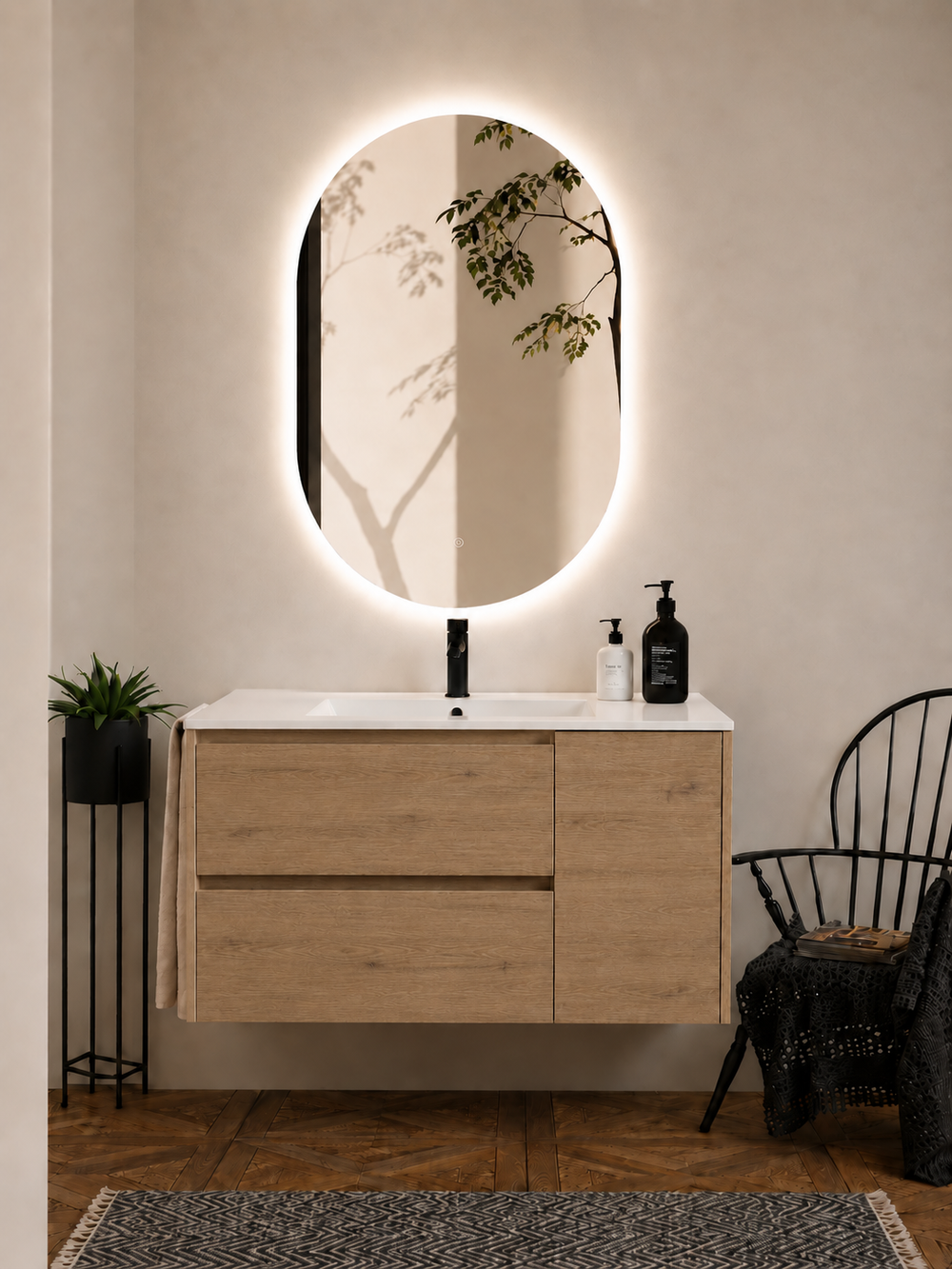 Kabinet kamar mandi gantung Itaca dengan wastafel, laci, dan pintu · Stepa