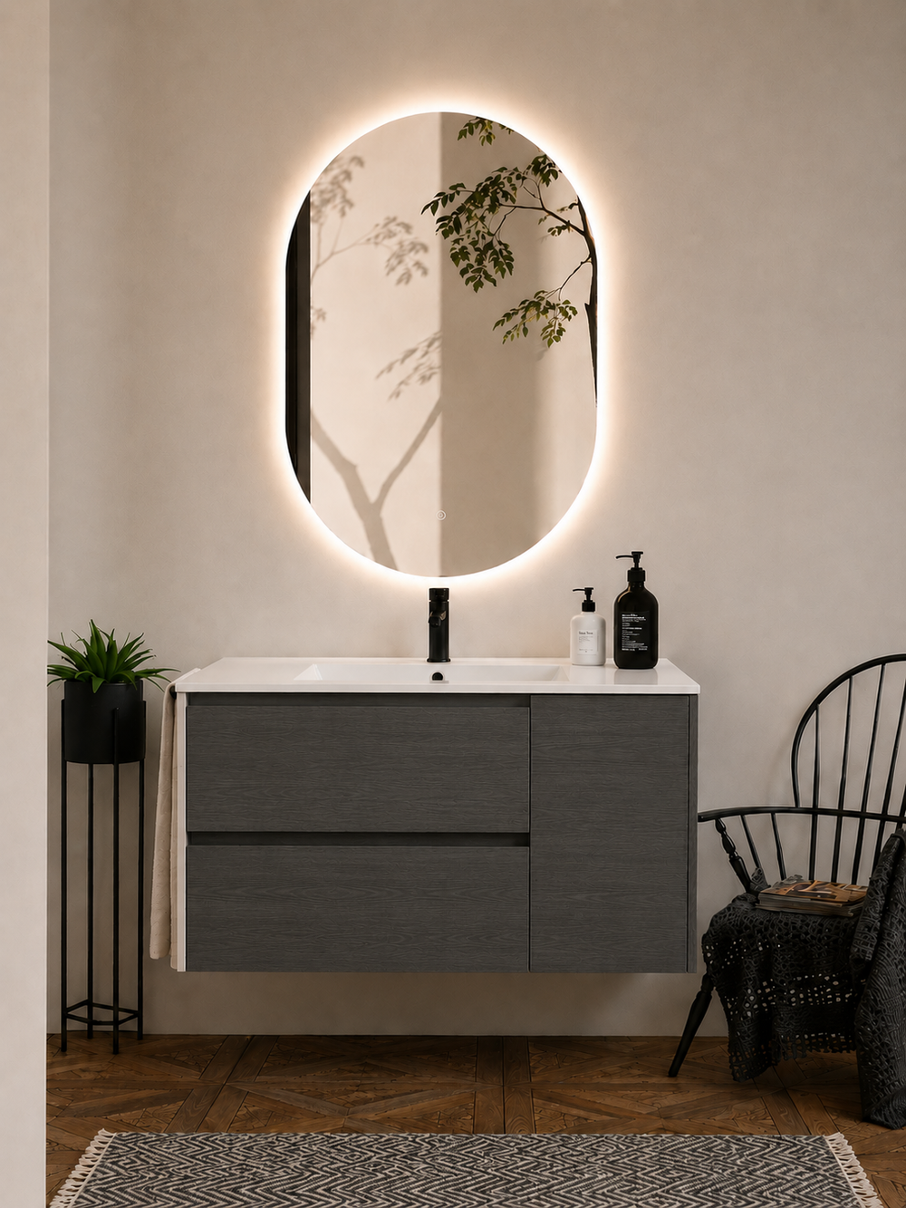 Kabinet kamar mandi gantung Itaca dengan wastafel, laci, dan pintu · Grafit