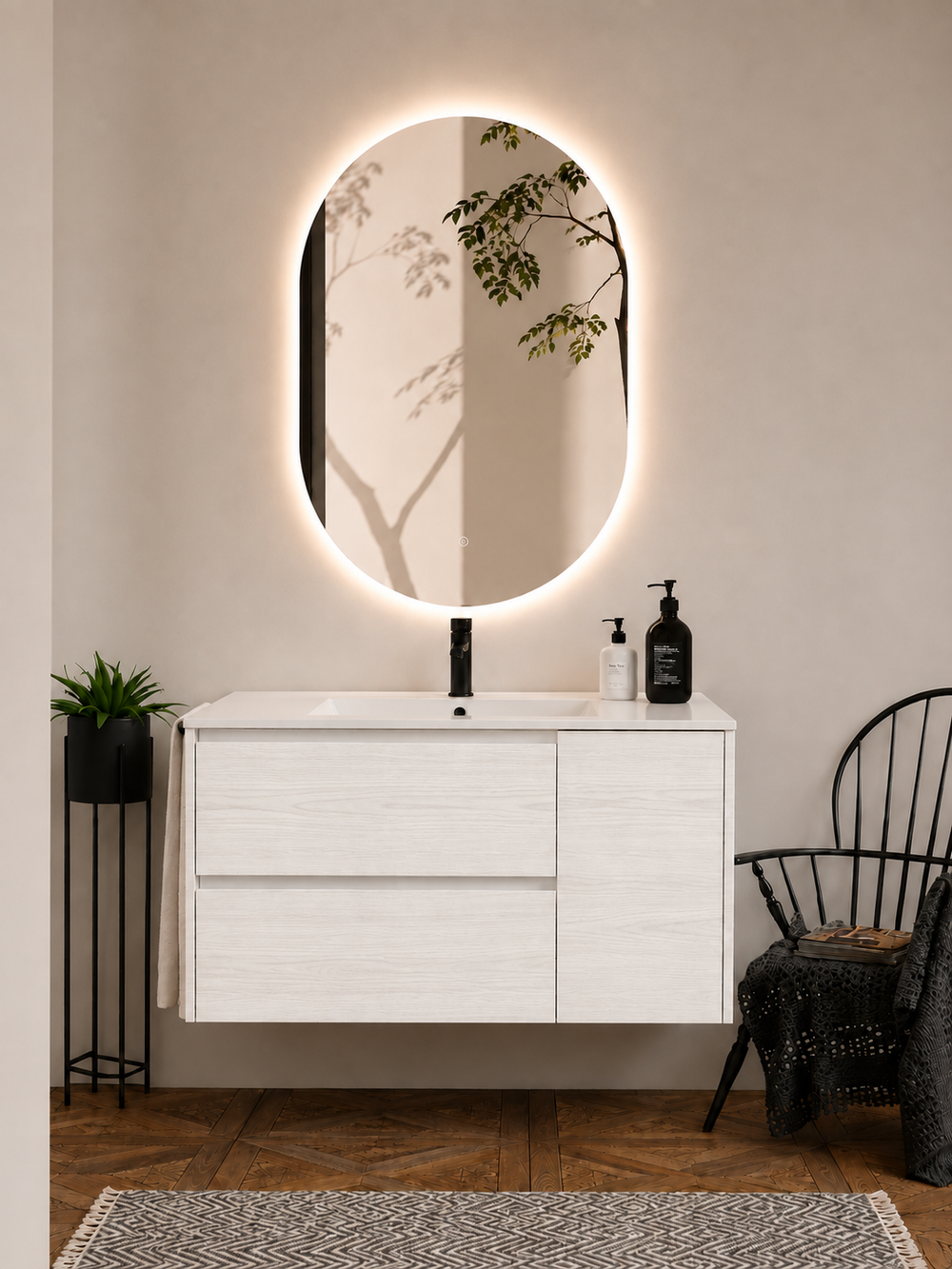 Kabinet kamar mandi gantung Itaca dengan wastafel, laci, dan pintu · Putih Nordik