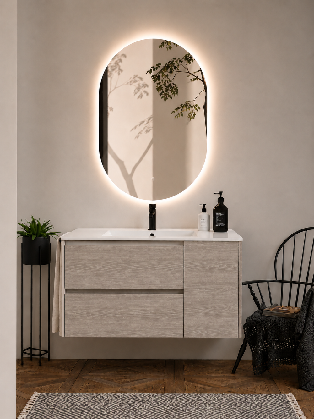 Kabinet kamar mandi gantung Itaca dengan wastafel, laci, dan pintu · Ek Asap