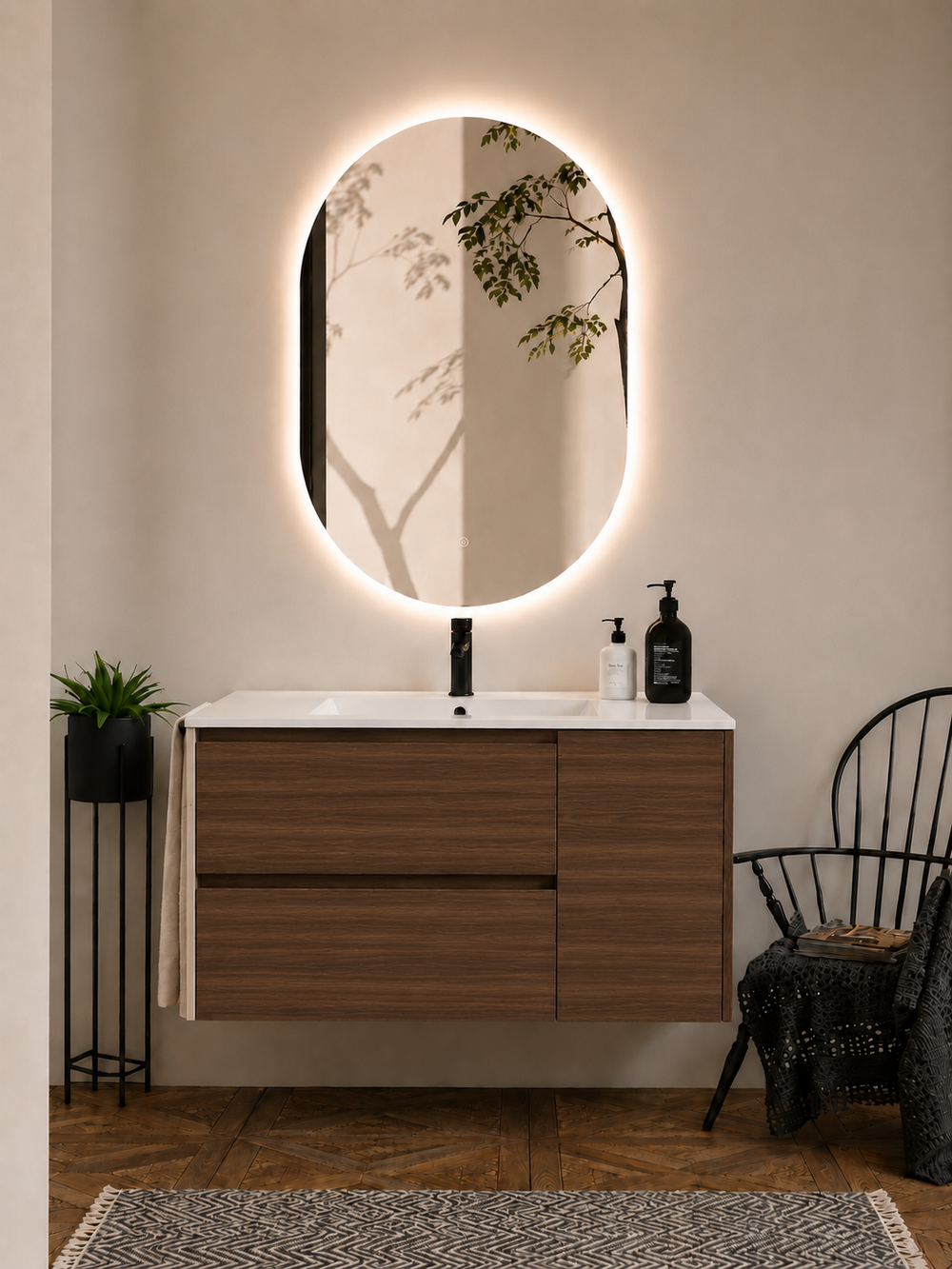 Kabinet kamar mandi gantung Itaca dengan wastafel, laci, dan pintu · Teh Fresno