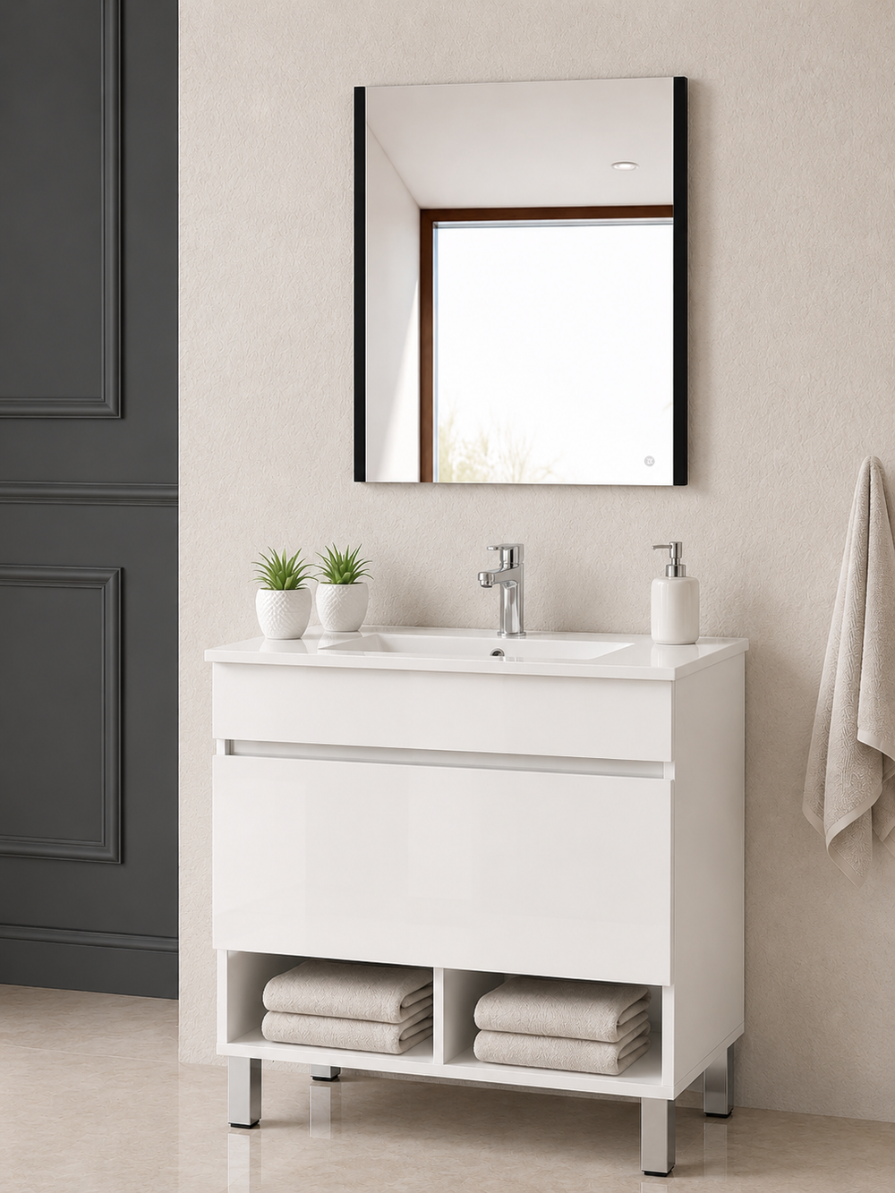 Kabinet kamar mandi berkaki Nebari, dengan laci, rak, dan wastafel · Putih kilap