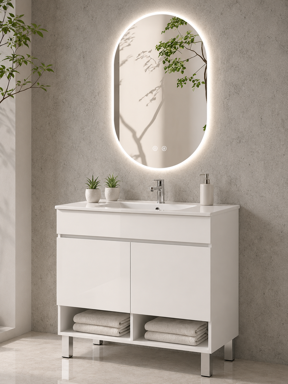 Kabinet kamar mandi berkaki Nebari dengan pintu dan wastafel · Putih kilap