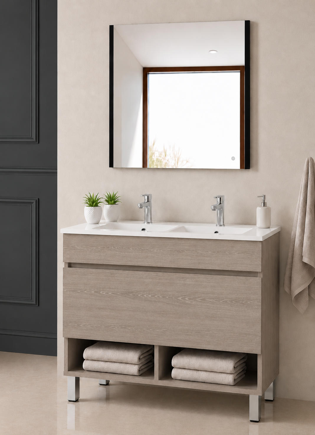 NEBARI floor-standing bathroom vanity unit with drawer, shelf and basin
