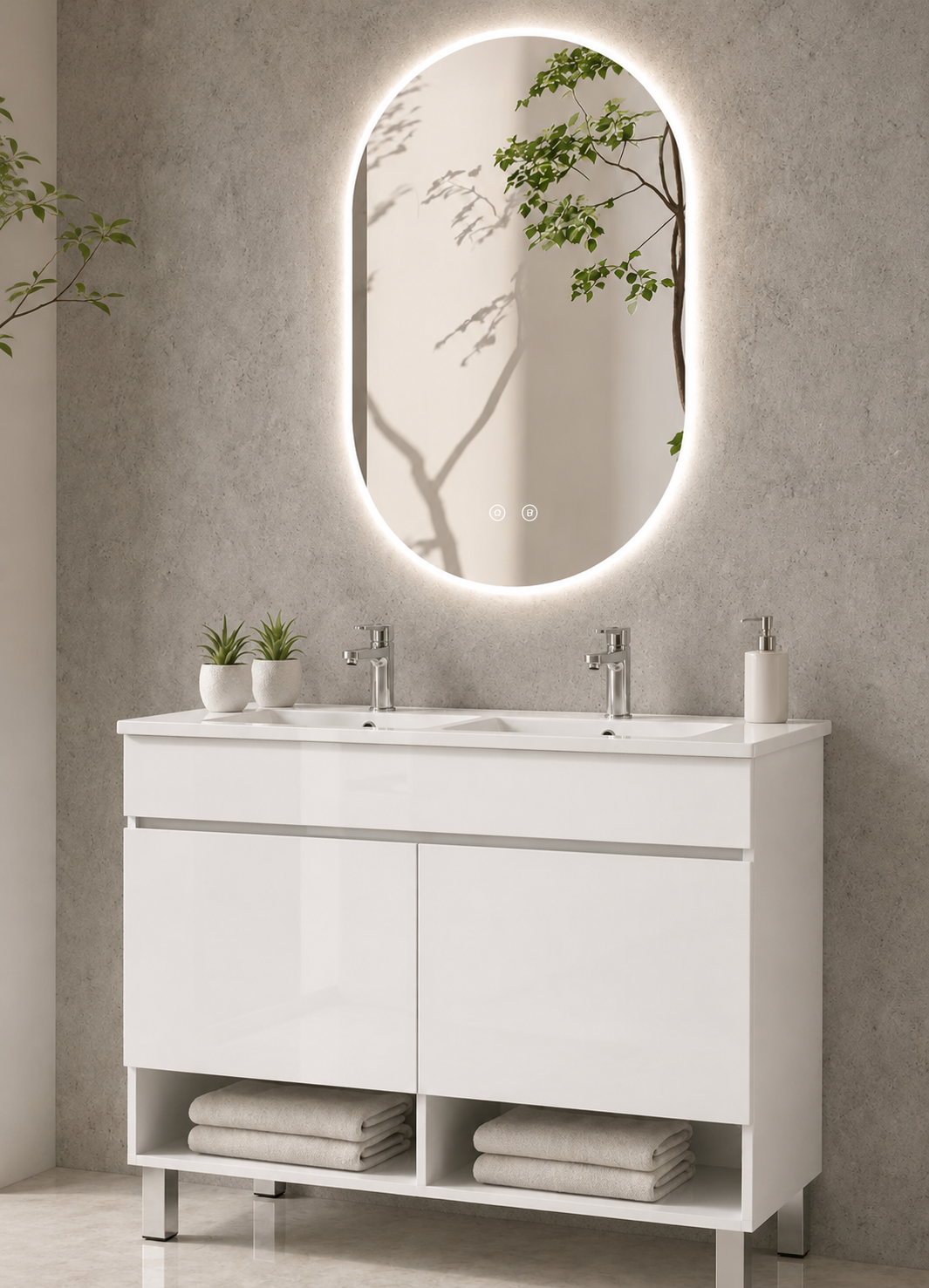 Kabinet kamar mandi berkaki Nebari dengan pintu dan wastafel
