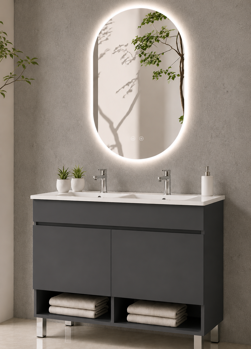 Kabinet kamar mandi berkaki Nebari dengan pintu dan wastafel