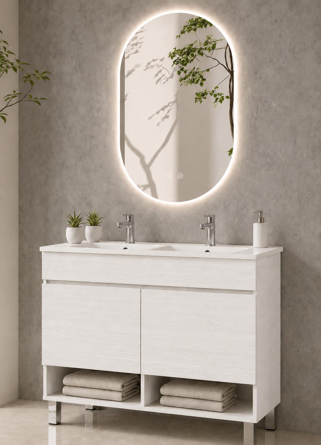 Kabinet kamar mandi berkaki Nebari dengan pintu dan wastafel