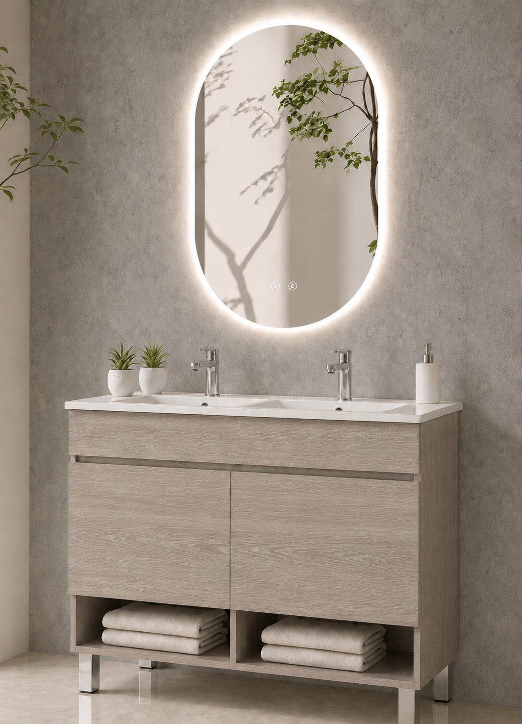 Kabinet kamar mandi berkaki Nebari dengan pintu dan wastafel
