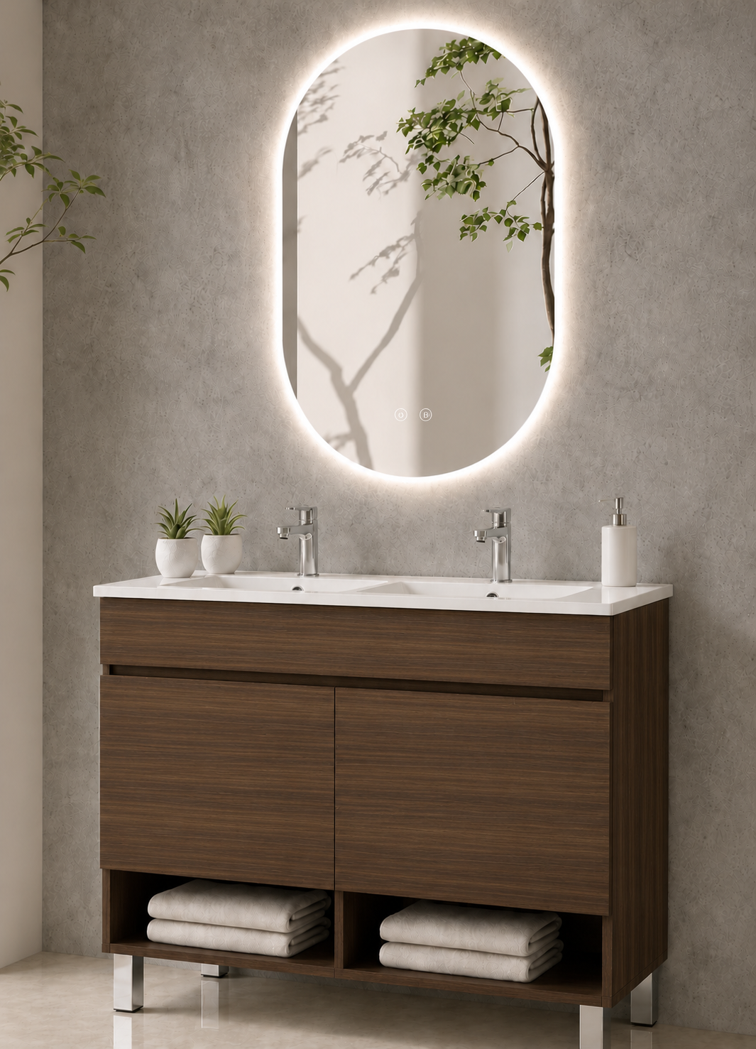 Kabinet kamar mandi berkaki Nebari dengan pintu dan wastafel