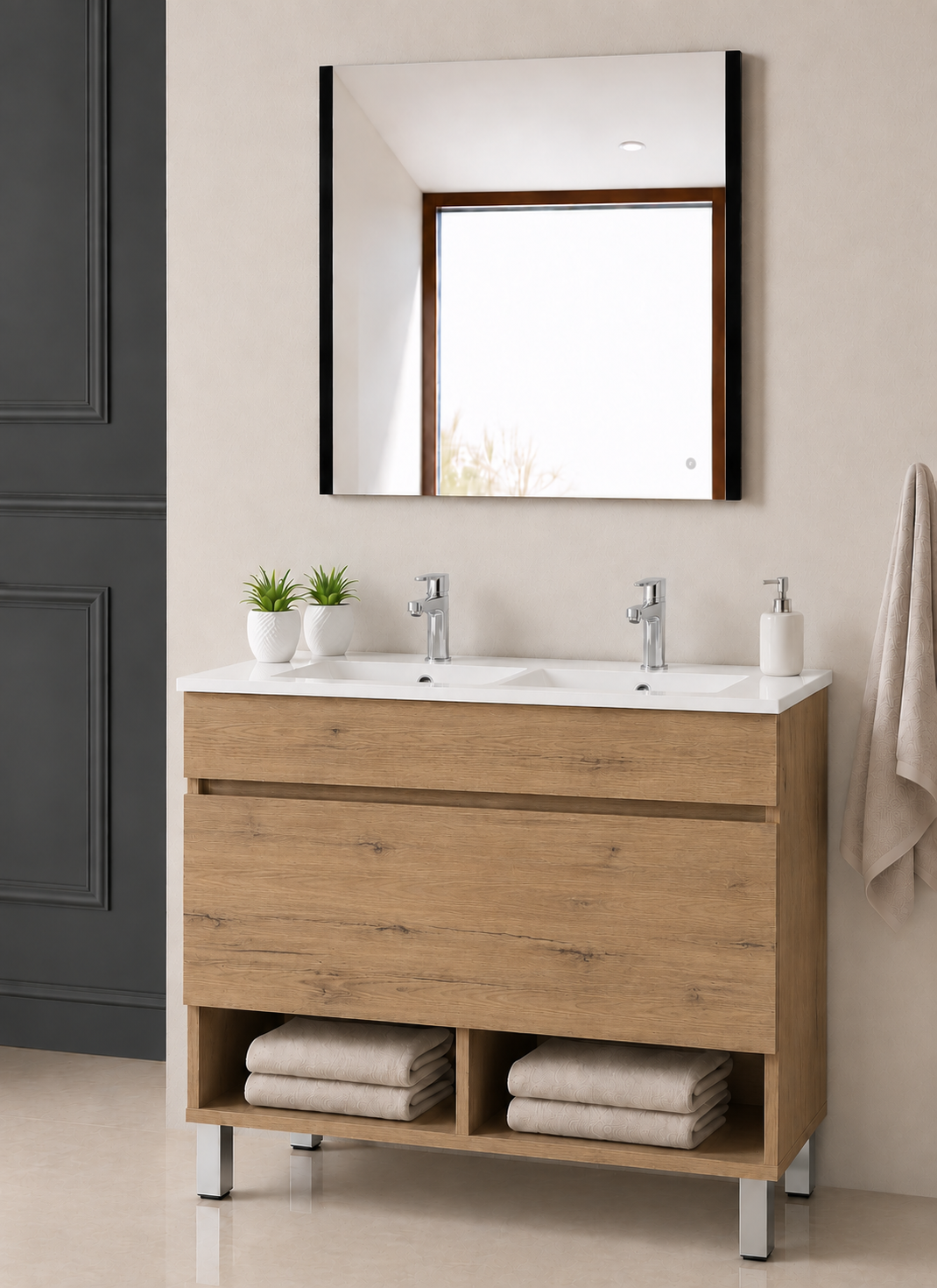 Mueble de baño Nebari con patas y puertas, dos lavabos, acabado Estepa